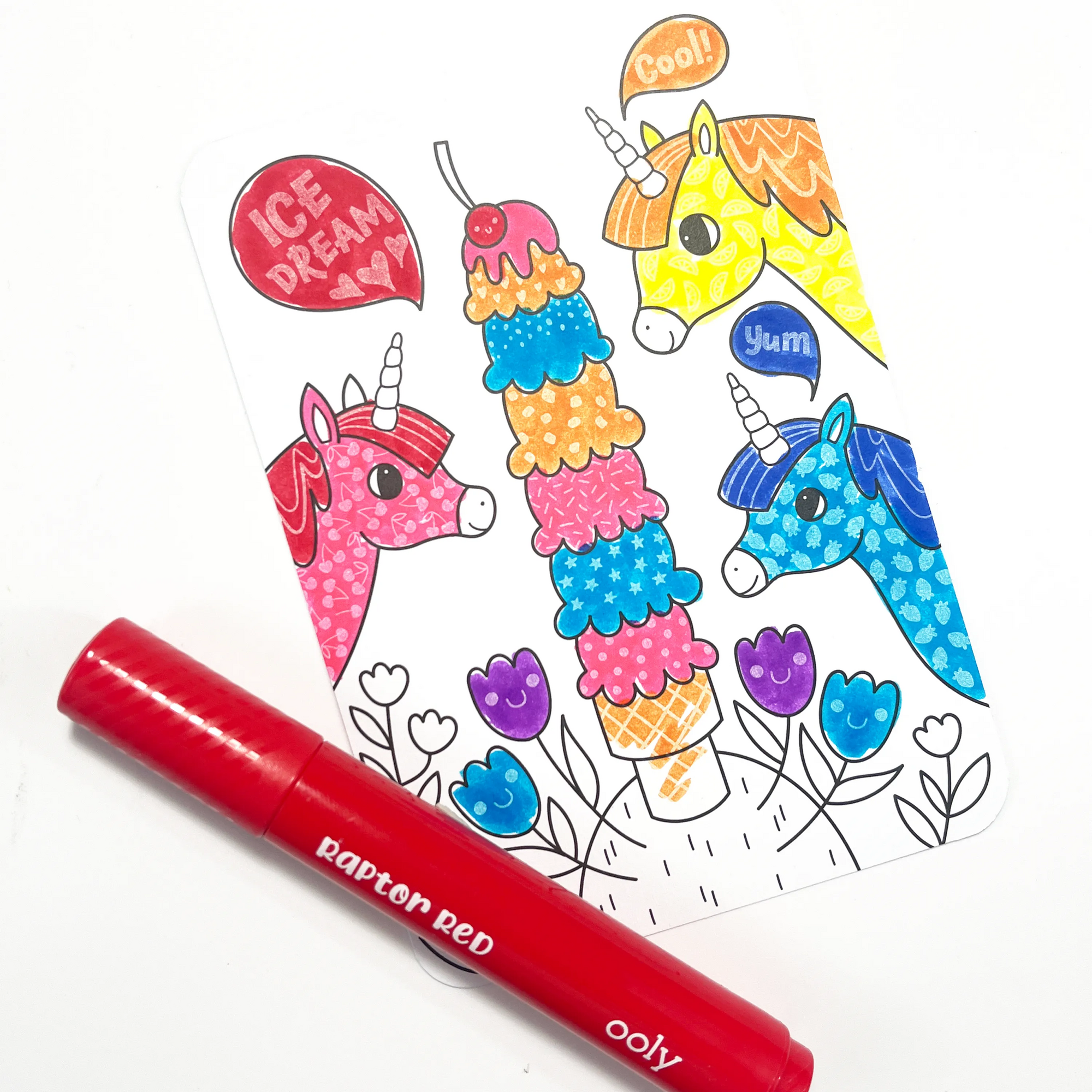 OOLY Undercover Art Hidden Pattern Coloring Activity Art Cards - Unicorn Friends colored page with red marker