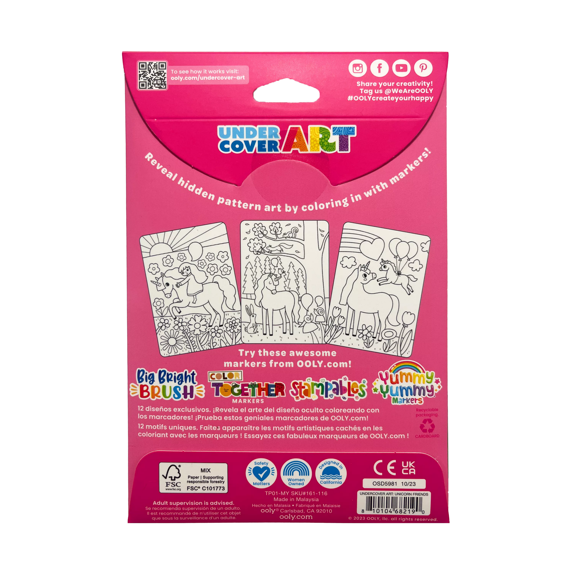 OOLY Undercover Art Hidden Pattern Coloring Activity Art Cards - Unicorn Friends back of packaging