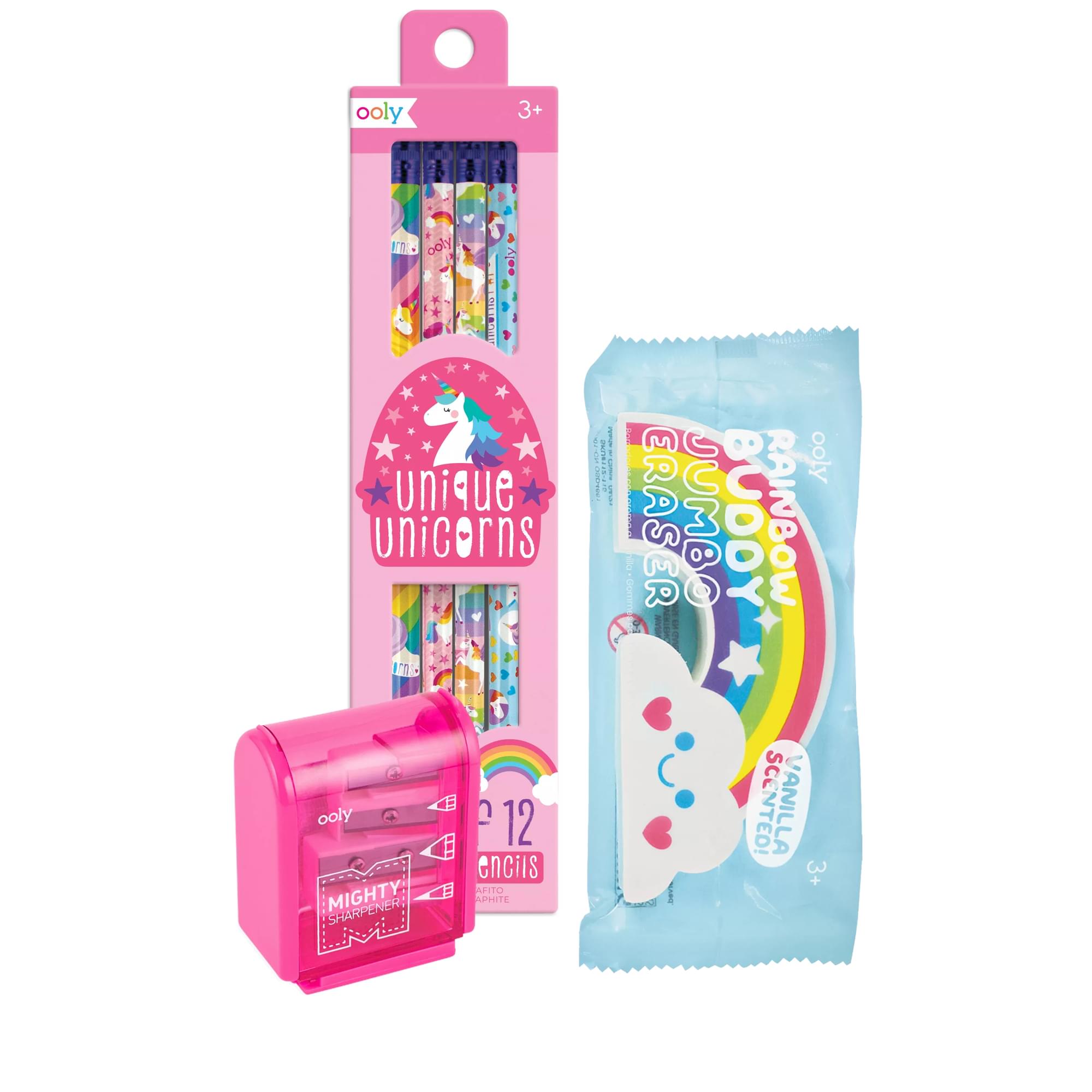 OOLY Unicorn Happy pack contents with graphite pencils, pencil sharpener and rainbow eraser
