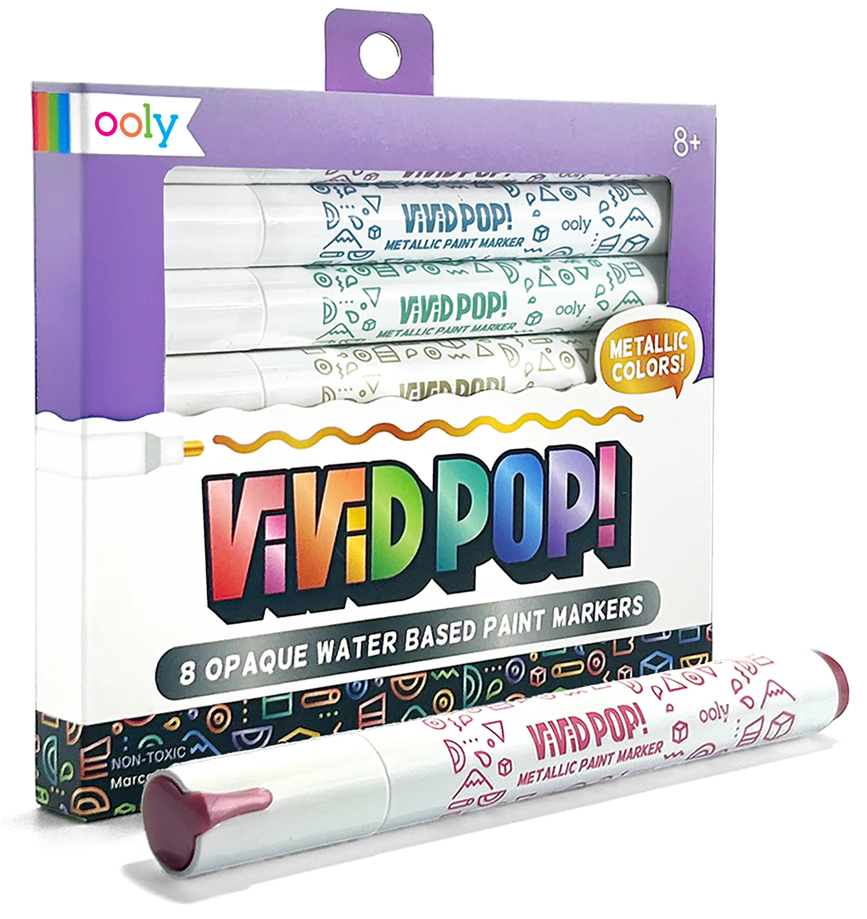 Quarter angle of OOLY Vivid Pop! Water Based Paint Markers - Metallic packaging