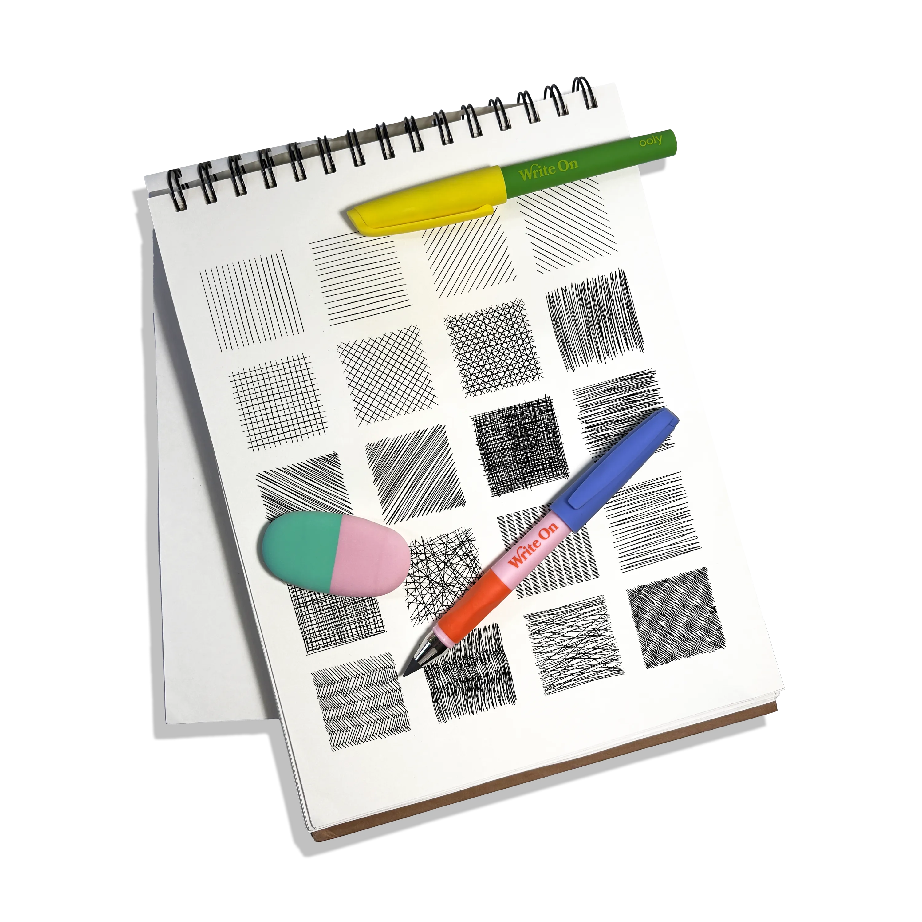 Sketchbook with various textured patterns made with OOLY Write On Graphite Pencils