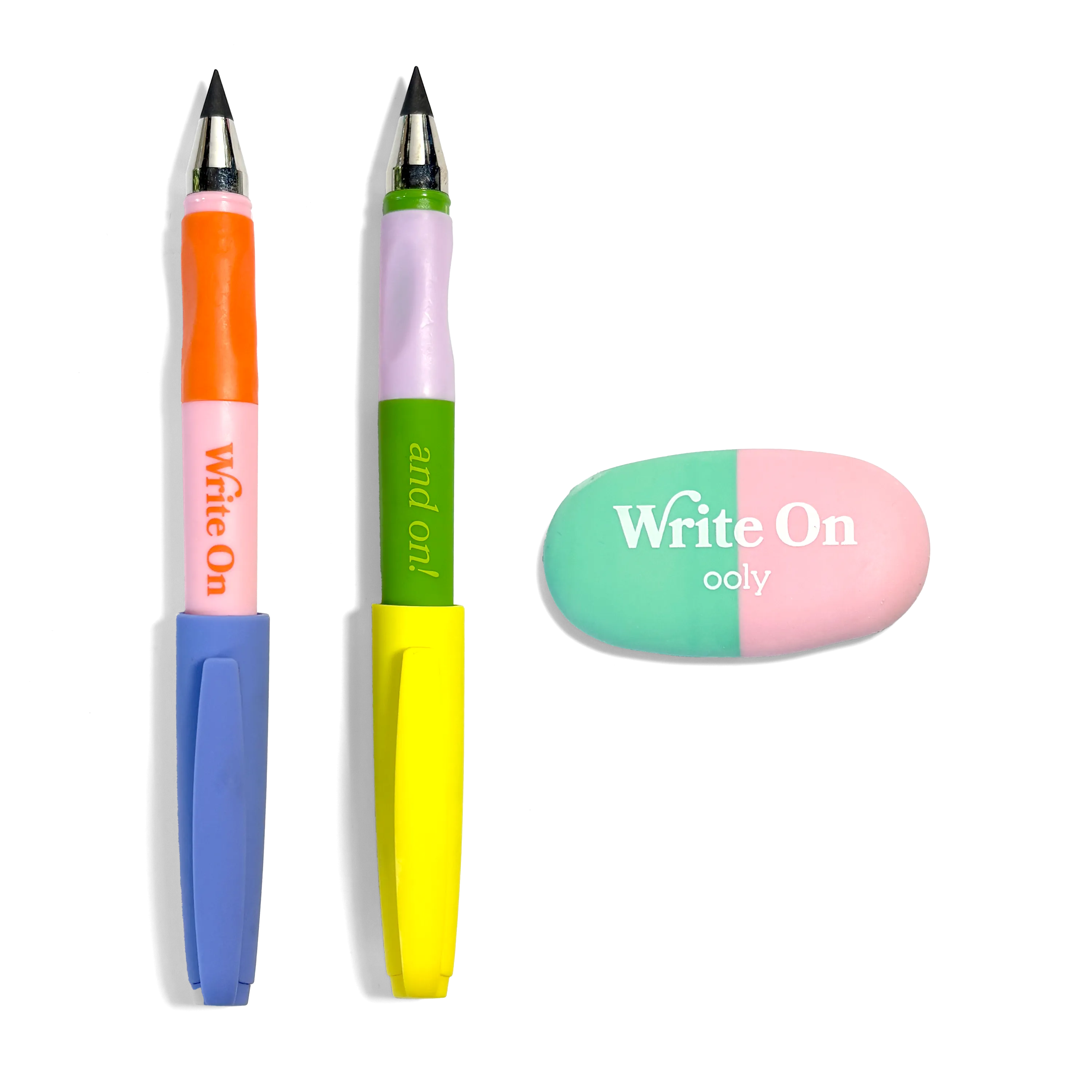 Two pencils and an eraser from he OOLY Write On Graphite Pencils set