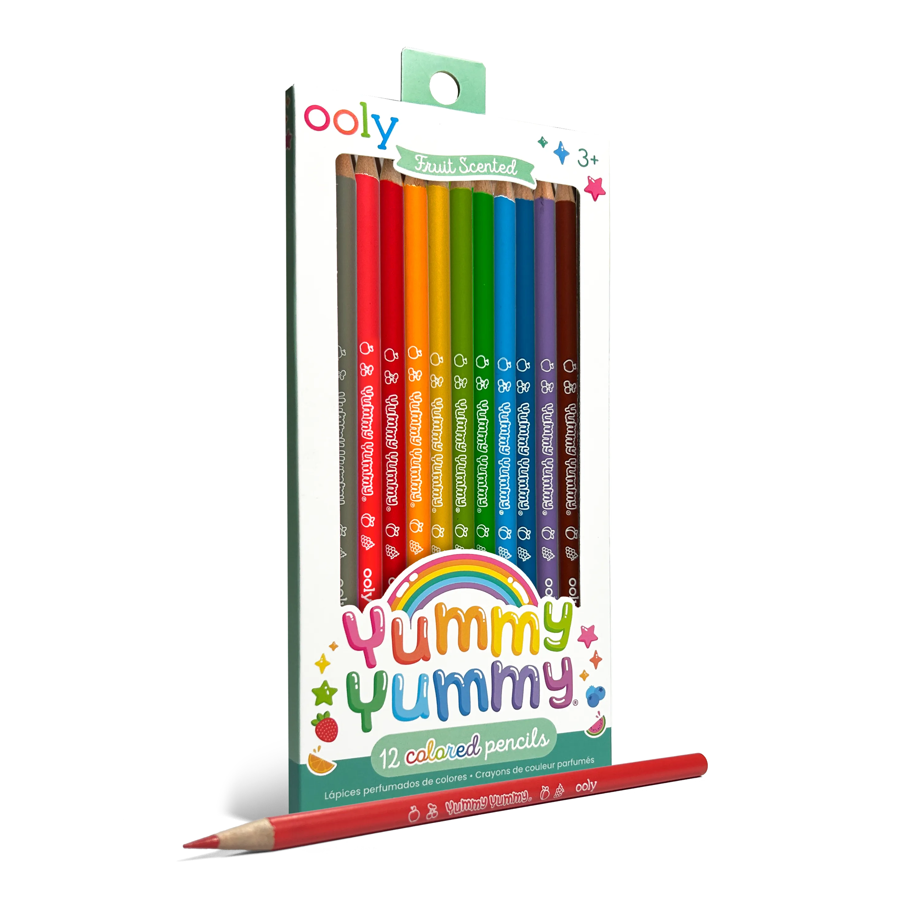 Quarter angle of packaging and pencil from OOLY Yummy Yummy Fruit Scented Colored Pencils