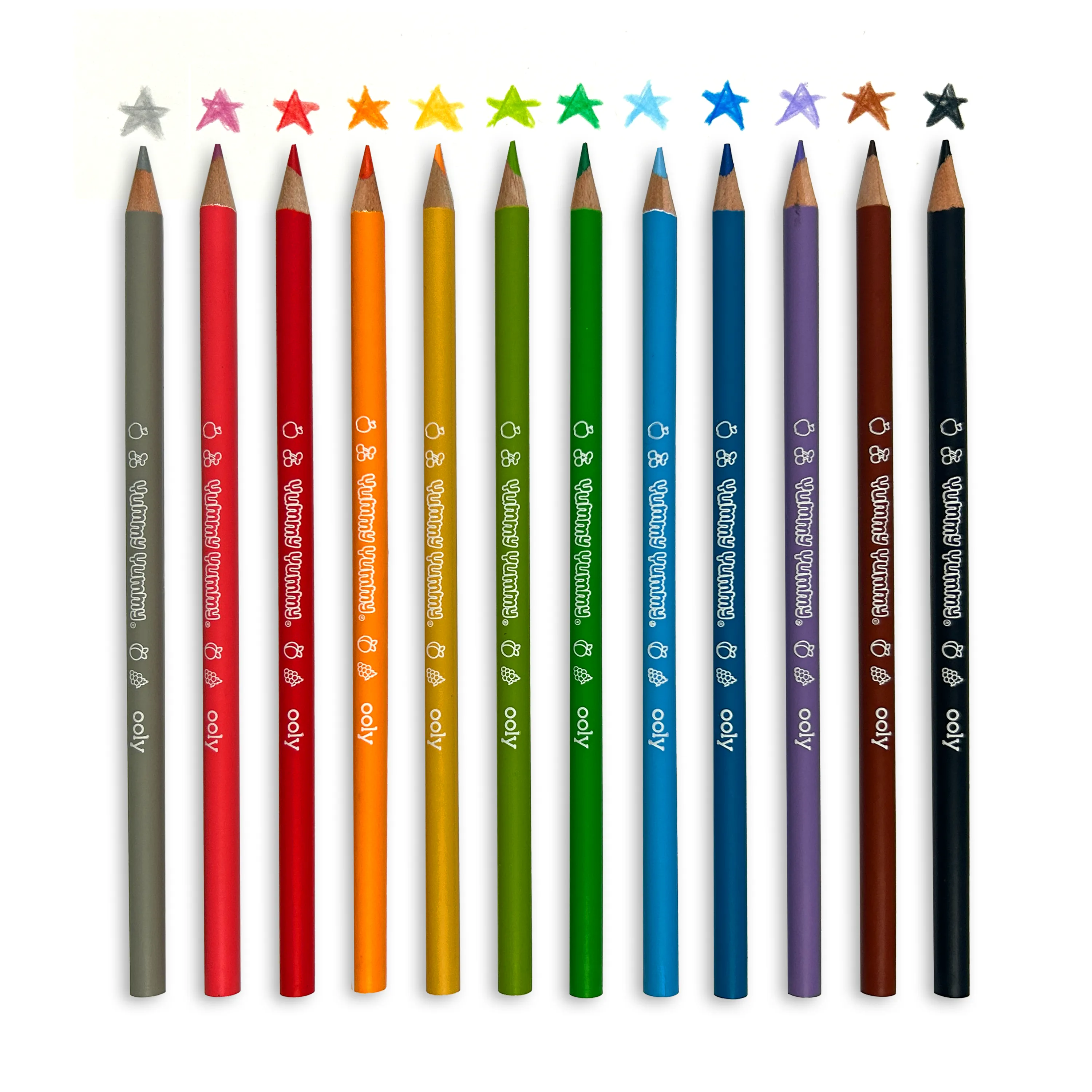 Row of pencils with colored stars from OOLY Yummy Yummy Fruit Scented Colored Pencils set