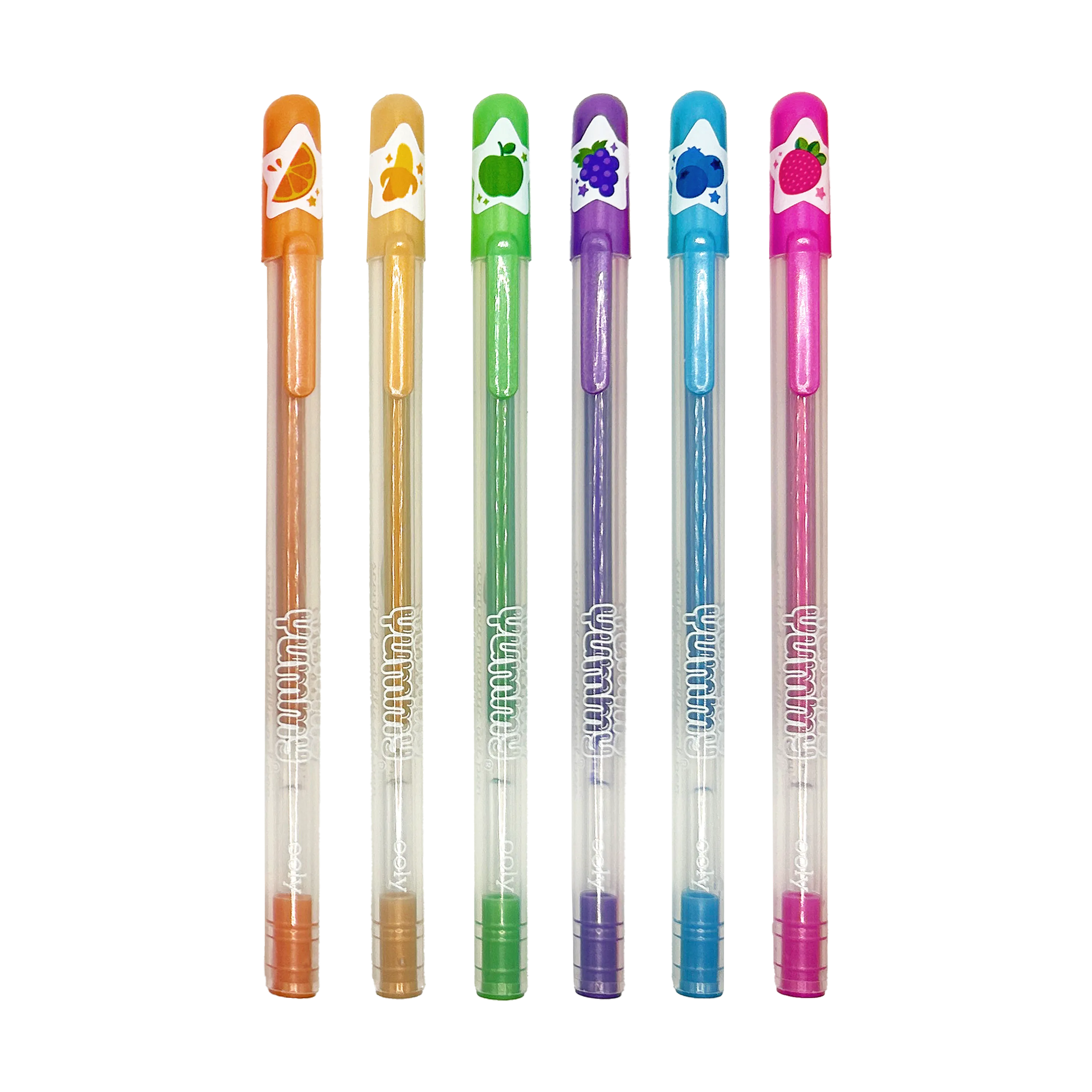 Row of six OOLY Yummy Yummy Metallic Scented Gel Pens