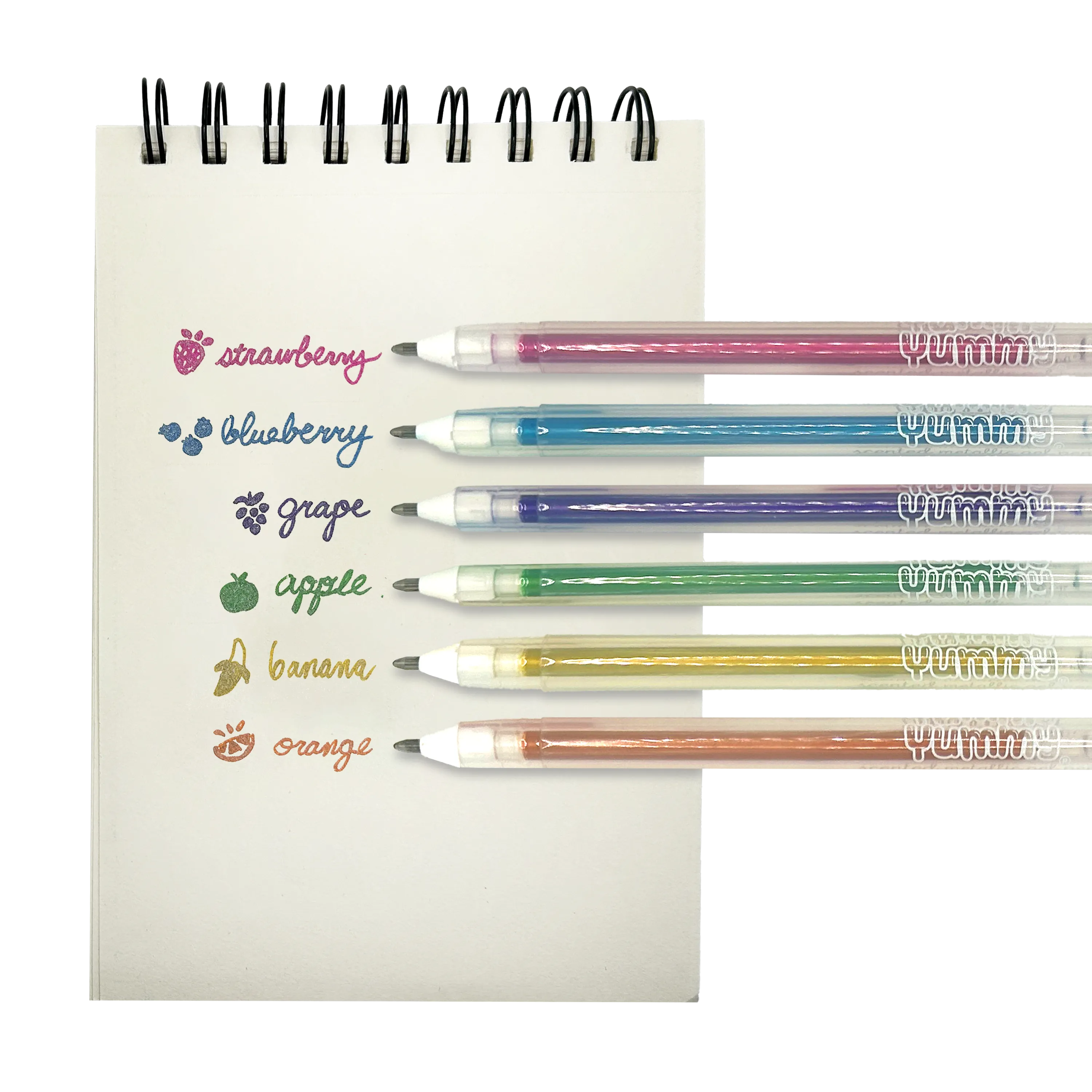 White paper pad with fruit scented watches with OOLY Yummy Yummy Metallic Scented Gel Pens