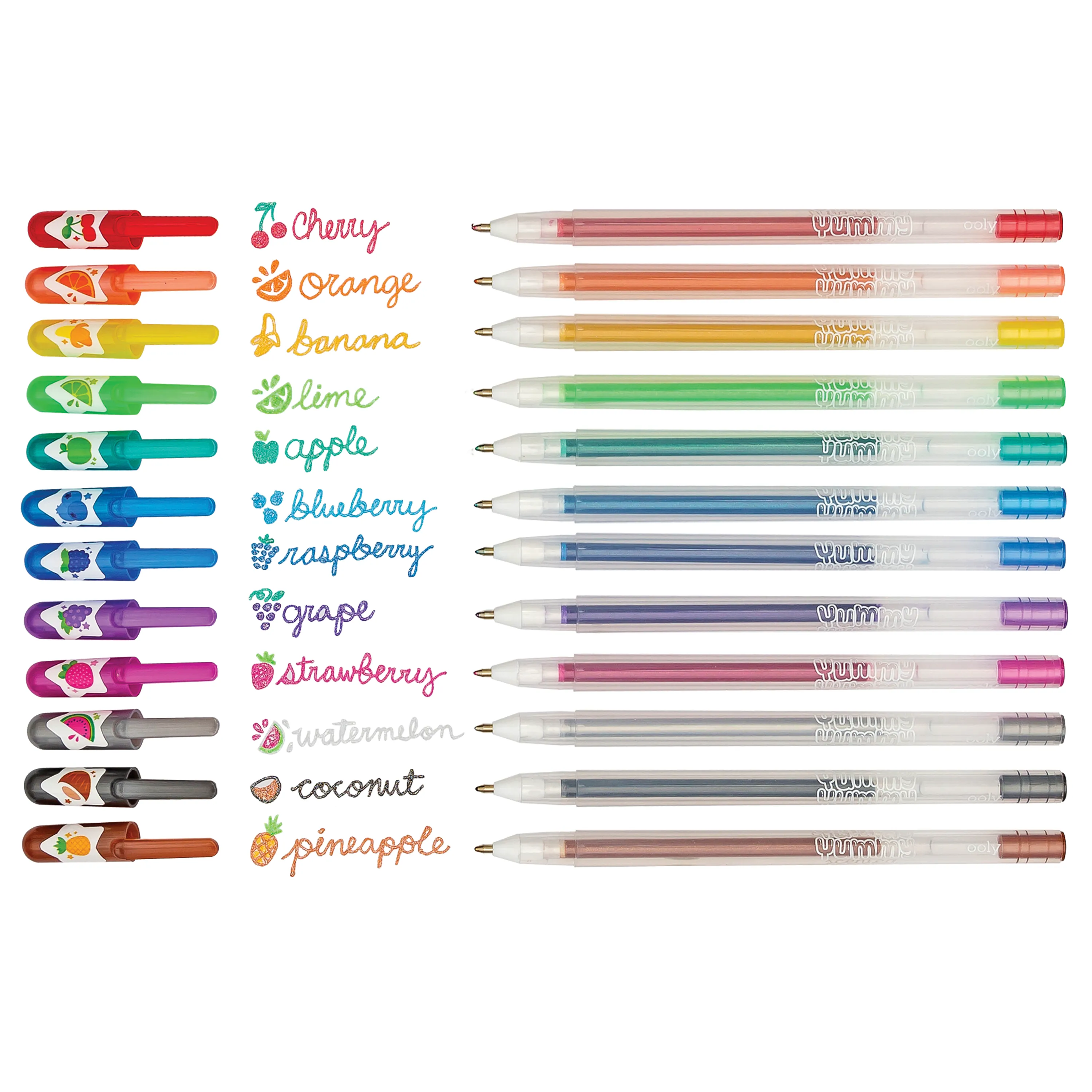 All 12 OOLY Yummy Yummy Scented Glitter Gel Pens in a row with color and scent swatches