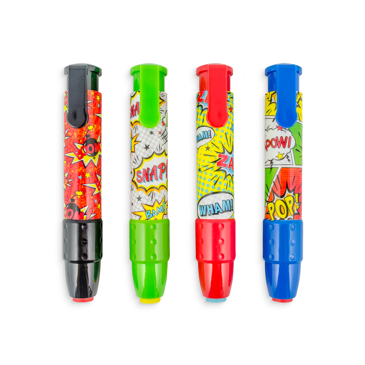 Black, green, red, and blue Comic Attack ClickIt Erasers