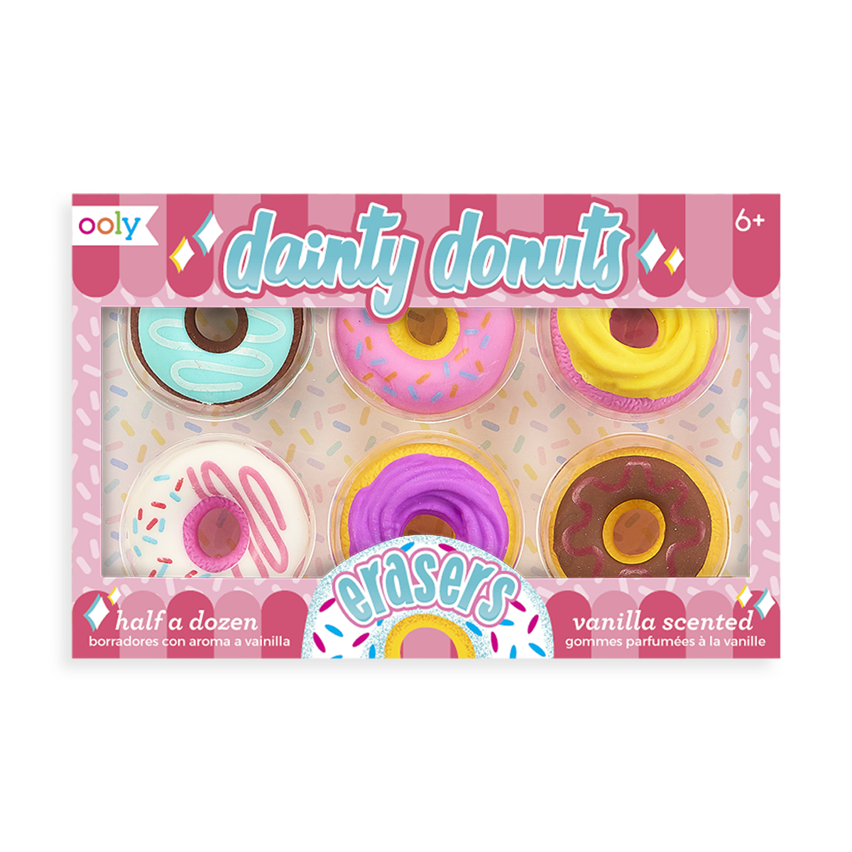 Dainty Donut pencil eraser set with 6 different styles and vanilla scented