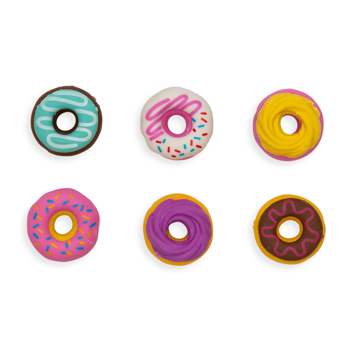 Display of all 6 Dainty Donut pencil erasers 