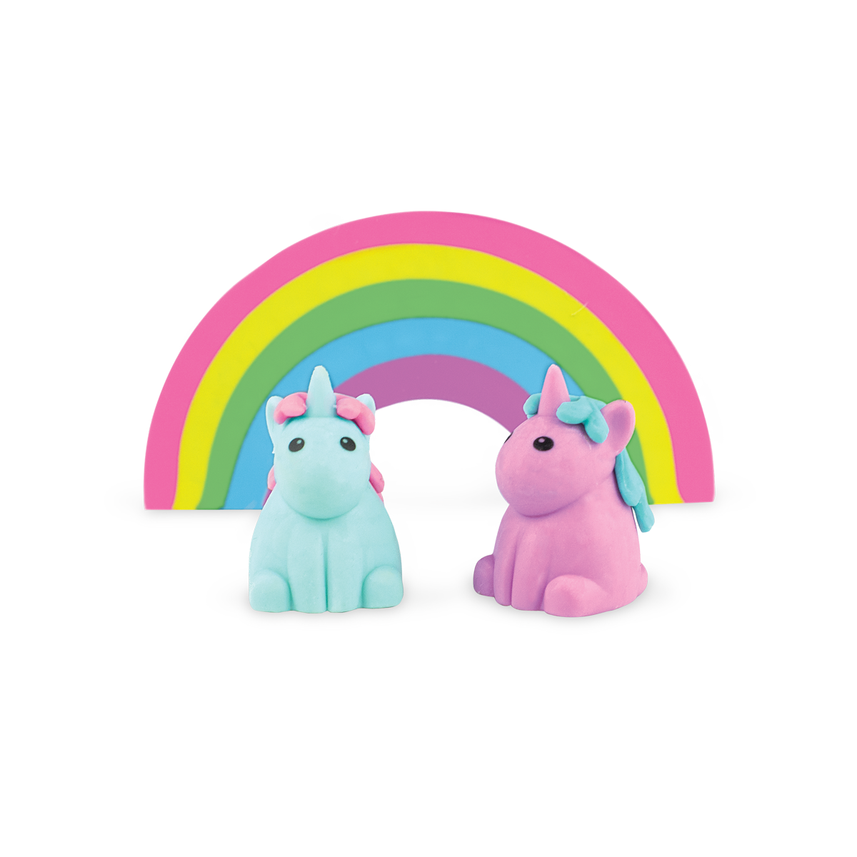 2 unicorn erasers and a large rainbow pencil eraser from the Unique Unicorns scented eraser set