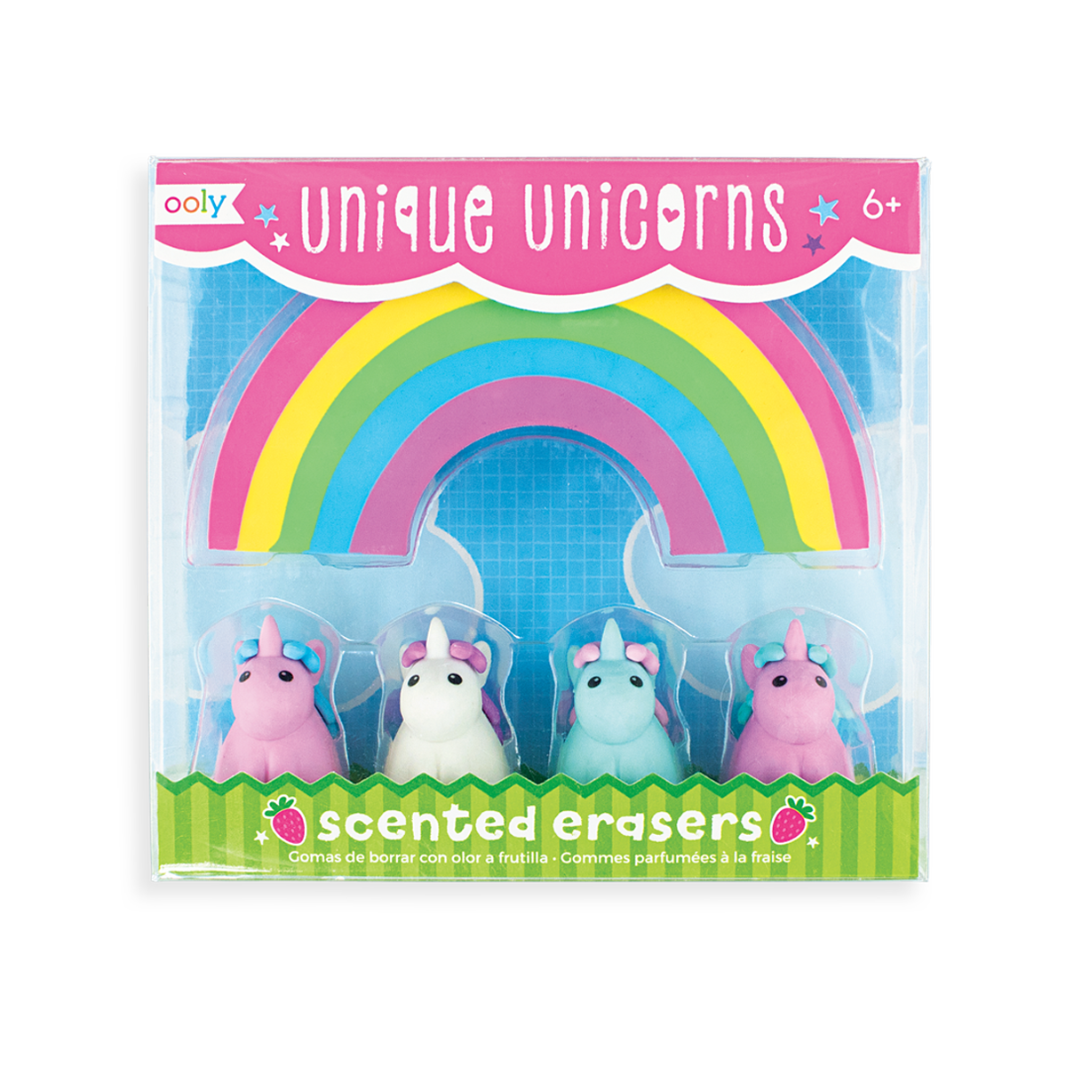 Unique Unicorns strawberry scented unicorn erasers with a large rainbow eraser