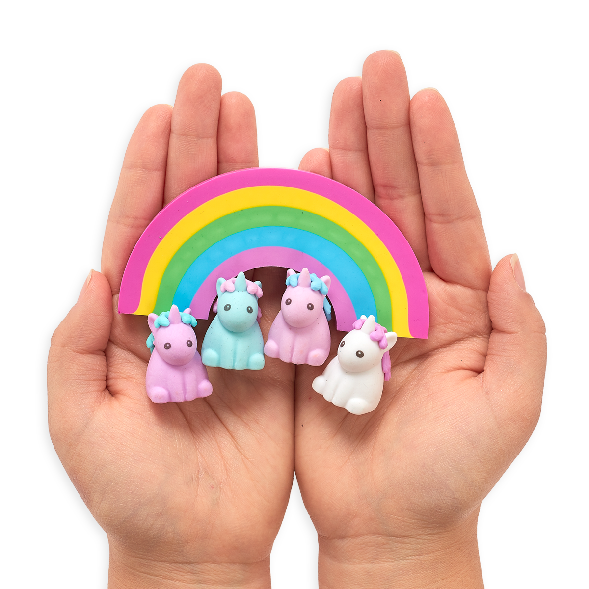 Hands cupping unique unicorns erasers