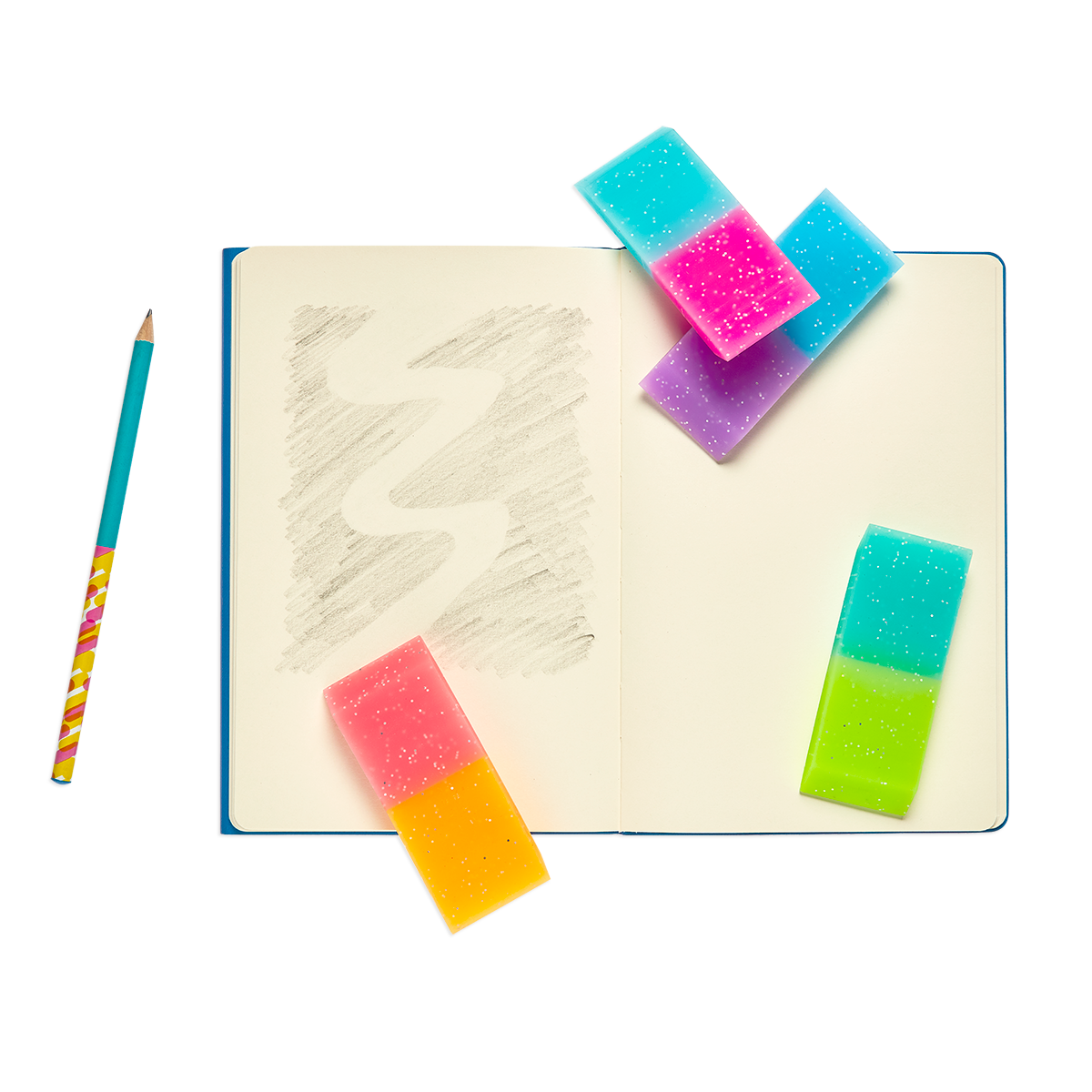 Oh My Glitter Jumbo Erasers with notebook and pencil