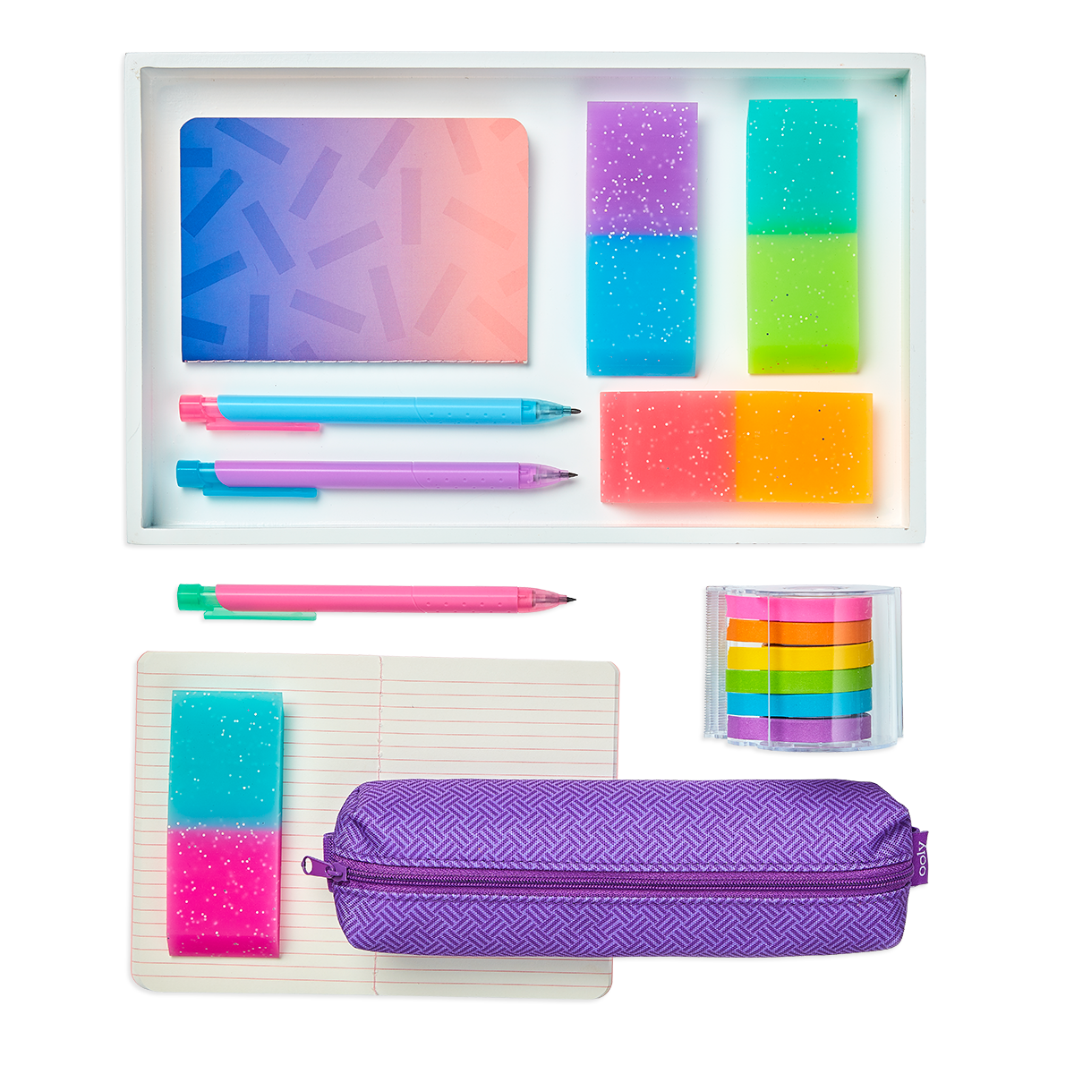 All 4 Oh My Glitter Jumbo Erasers shown with Oh My Ombre notebook and Oh My Ombre mechanical pencils and purple zipper pencil pouch