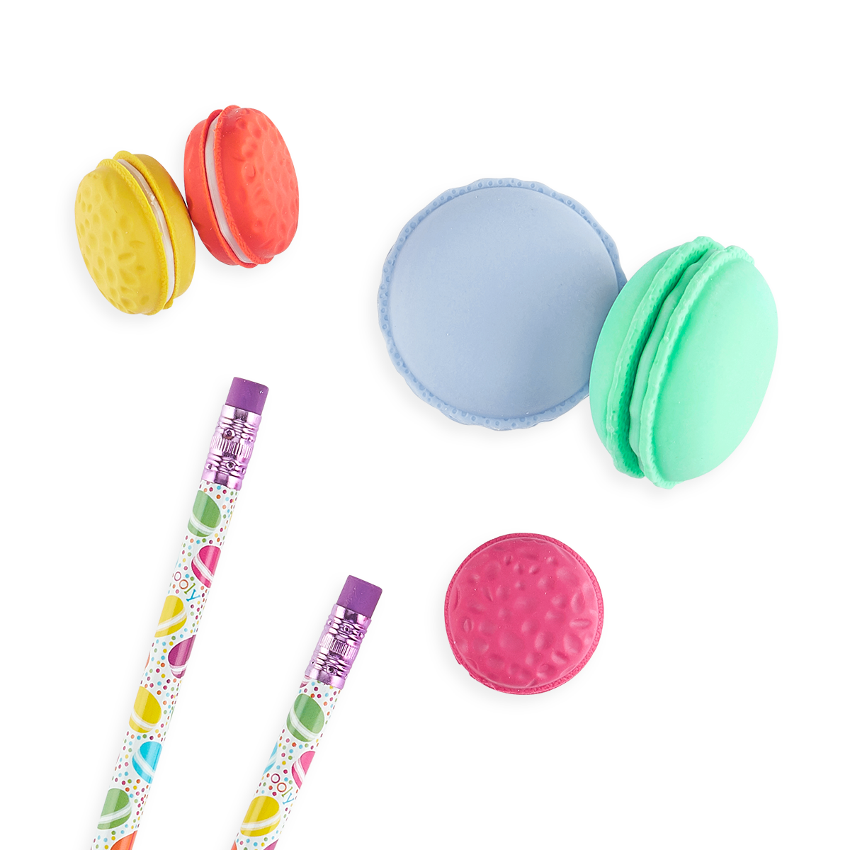 Le Macaron Patisserie Scented Erasers mixed with sweet treat pencils. 