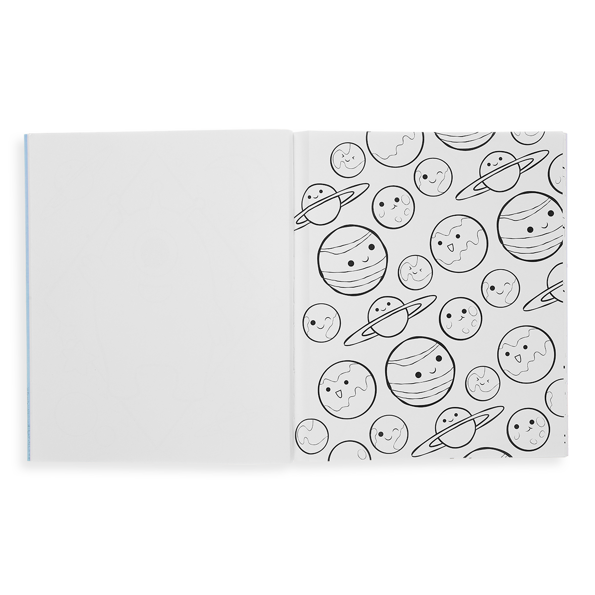 Outer Space Explorers Coloring Book showing coloring page with happy planets