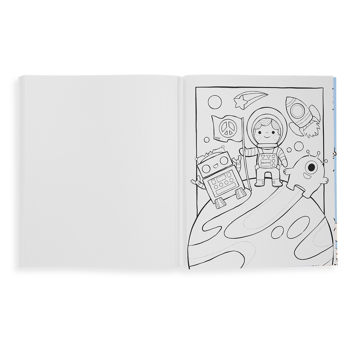 Outer Space Explorers Coloring Book page showing astronaut kid & robot & alien