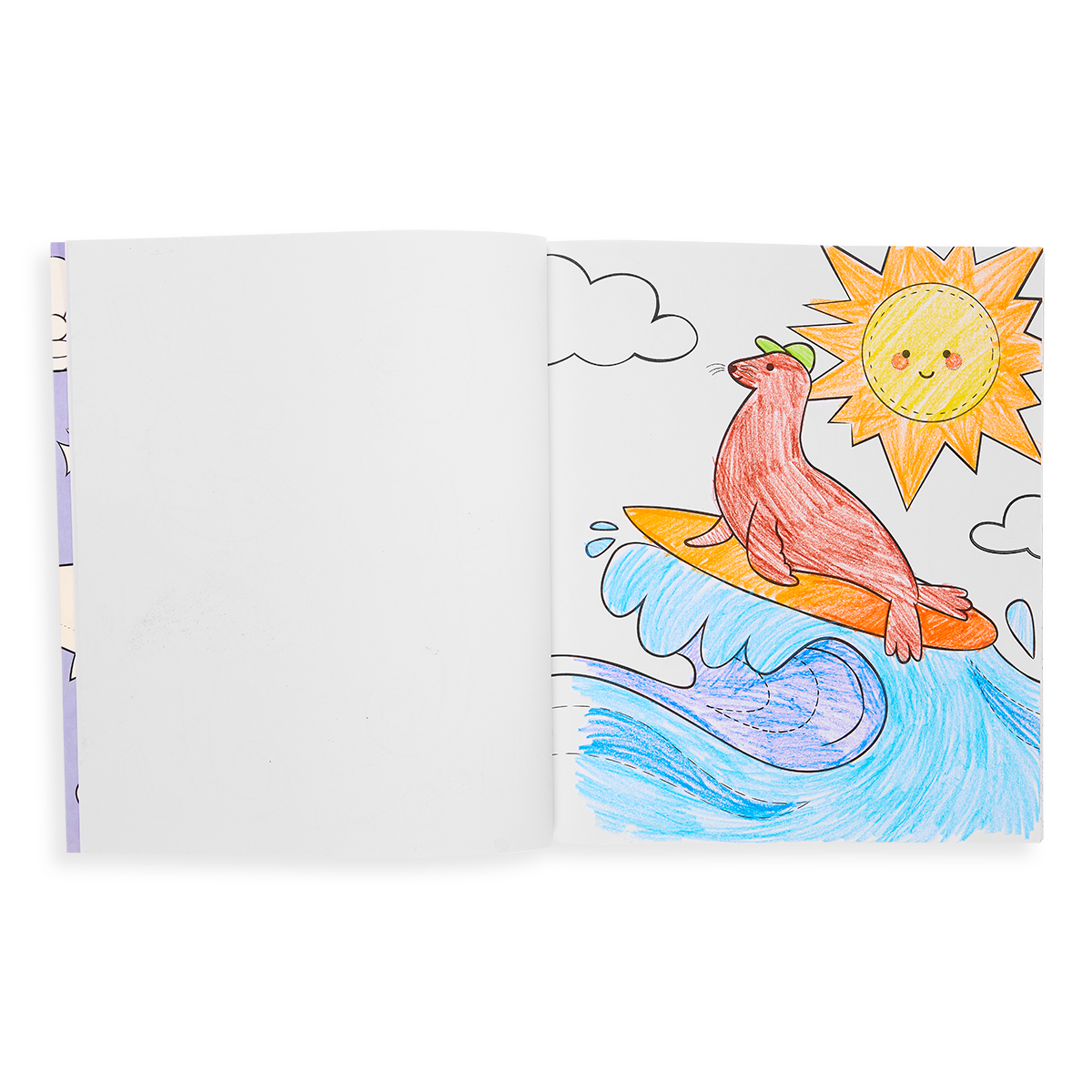 Outrageous Ocean Coloring Book colored in page with a seal on a surfboard