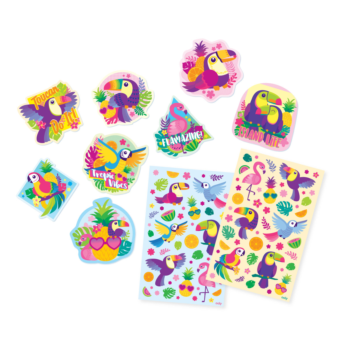 Tropical Birds Scented Sticker sheets next to die cut stickers