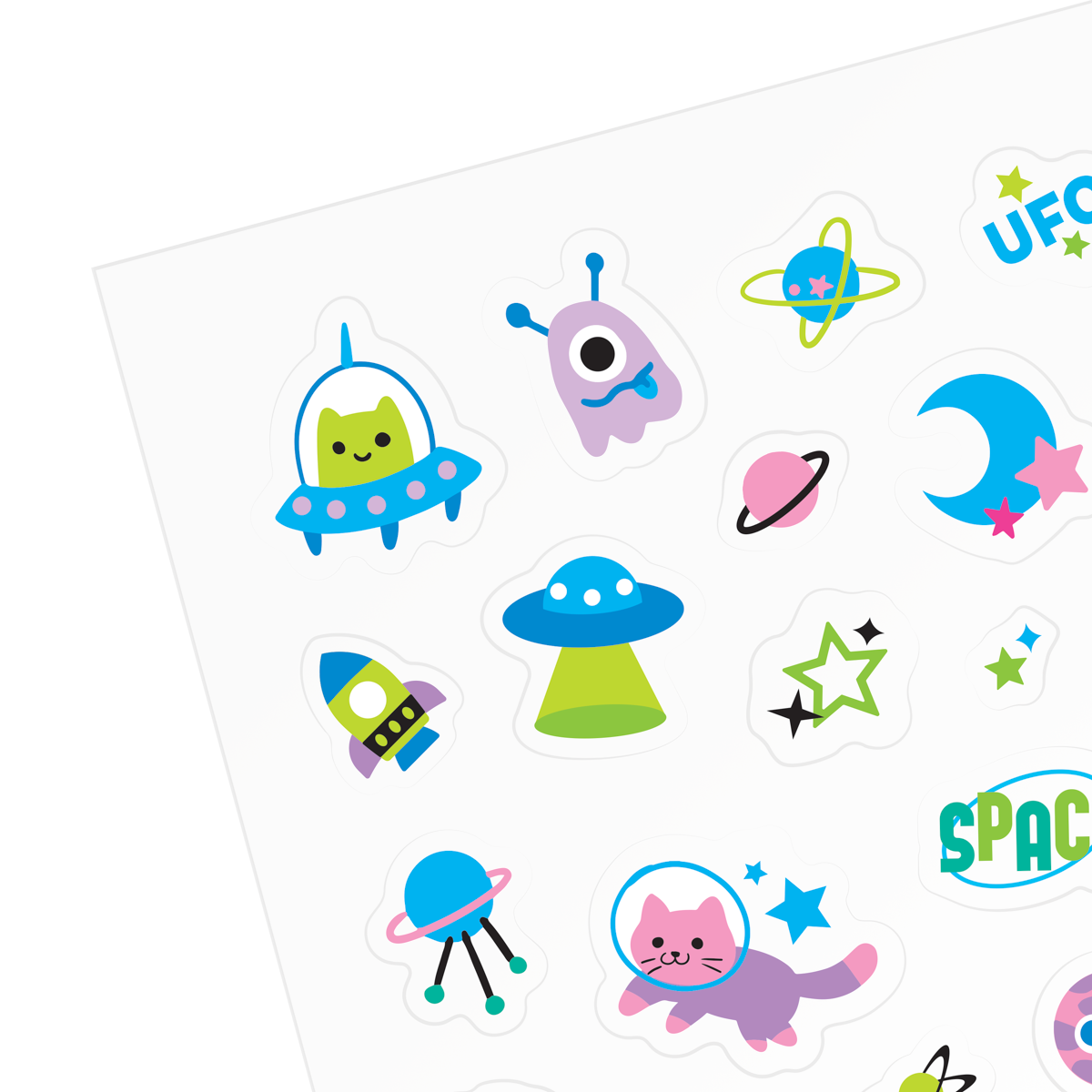 Stickiville Space Buddies sticker sheet closeup