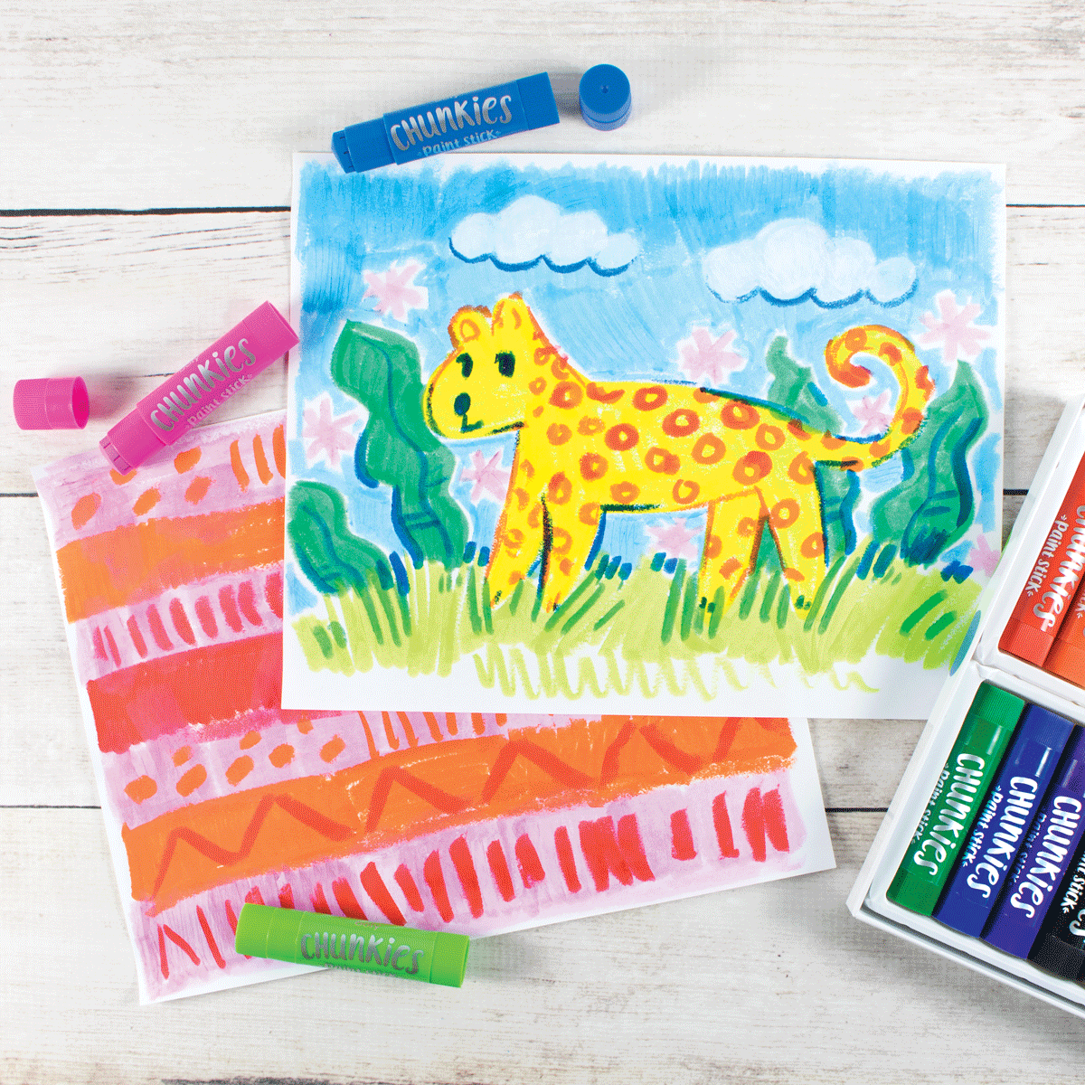 Colorful paintings done with OOLY Chunkies Paint Sticks
