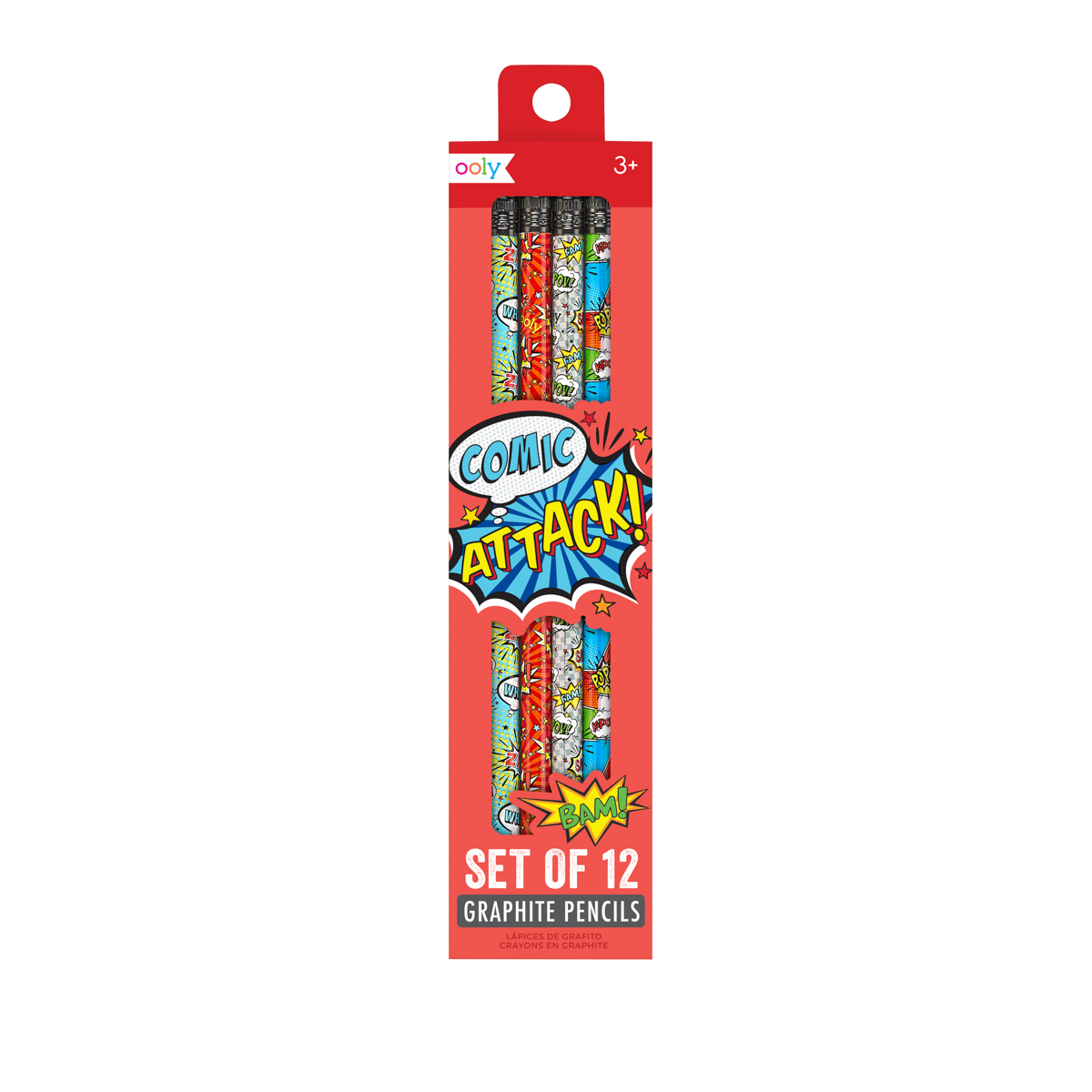 Set of 12 Comic Attack graphite pencils with fun comic designs