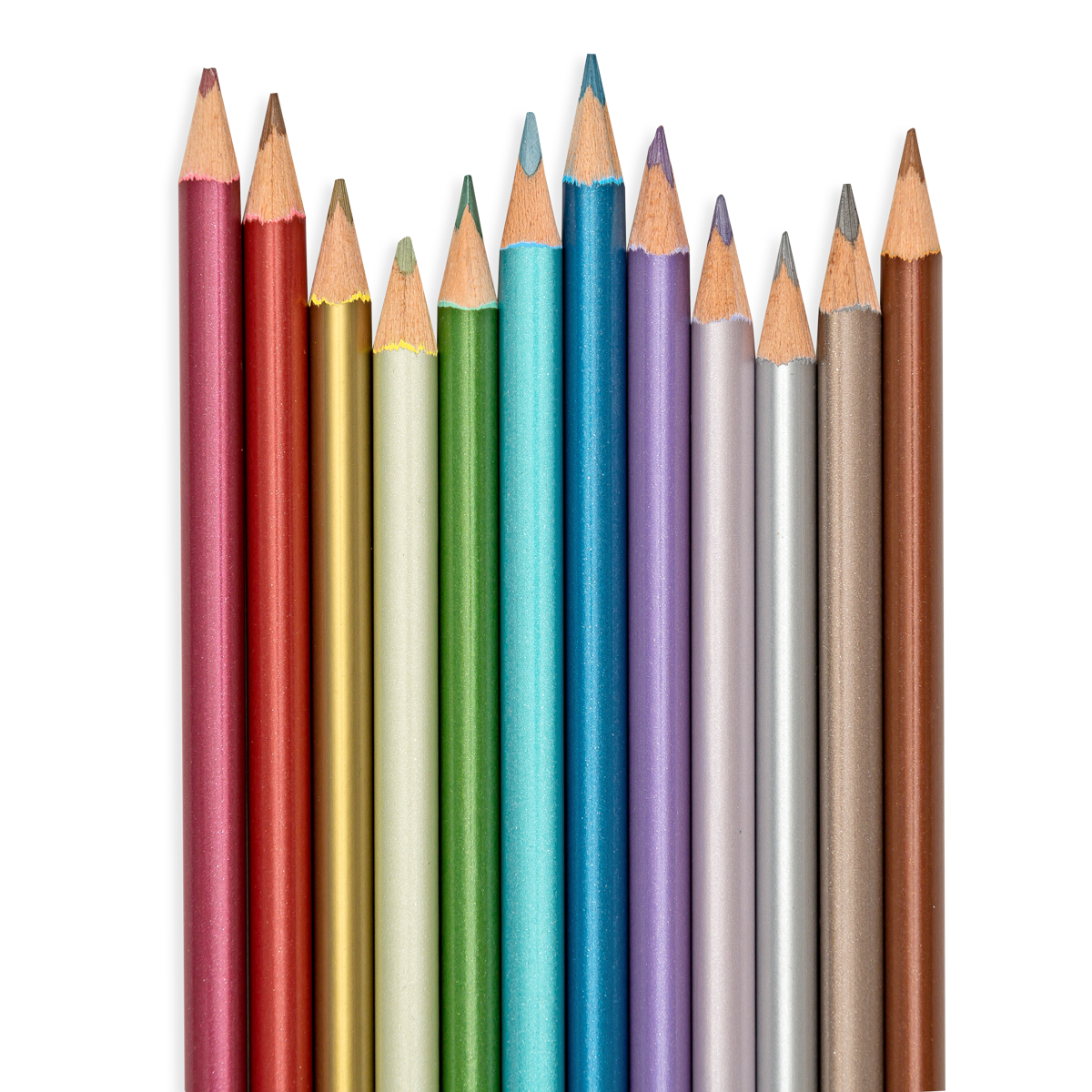 Close up of Modern Metallics Colored Pencils showing metallic barrels and tips