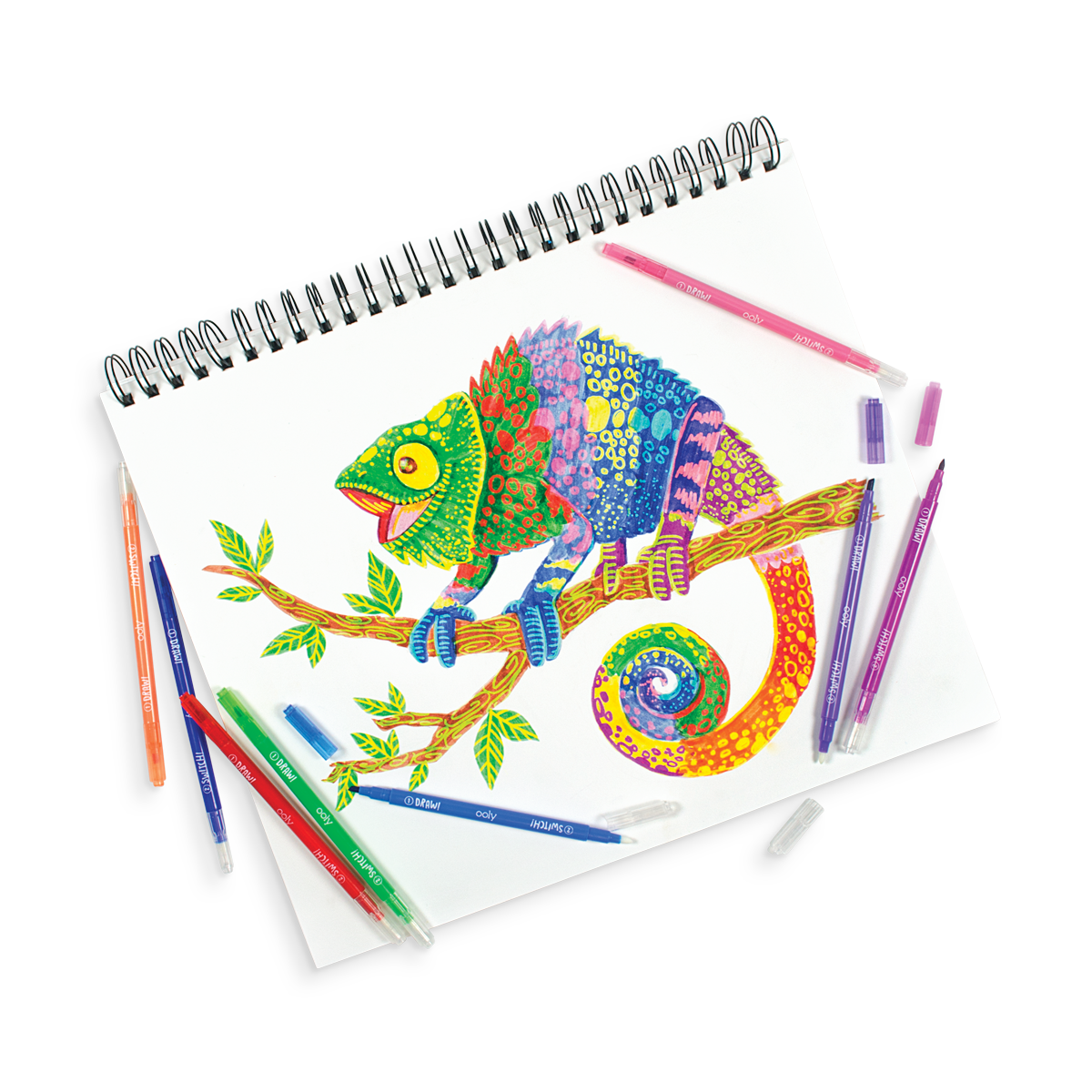Drawing of a colorful chameleon in a sketchbook with Switch-Eroo Color Changing Markers around it