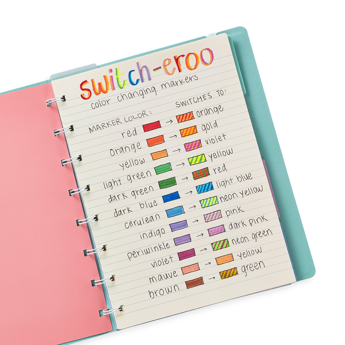 Switch-eroo Color Changing Markers in journal with swatches