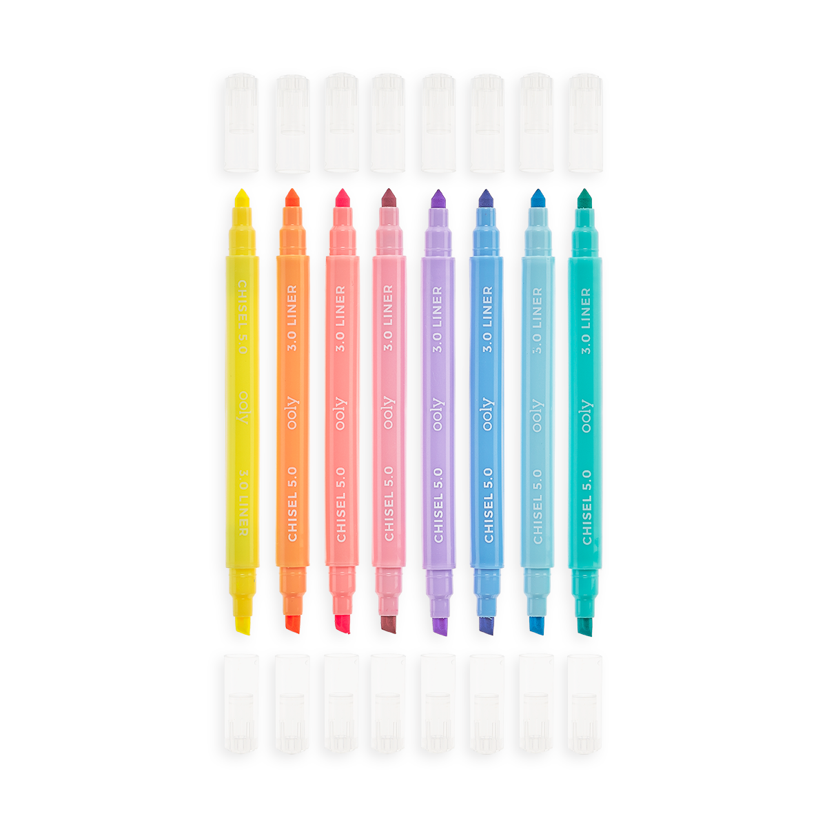 Pastel Liner markers lined up in a row with caps off
