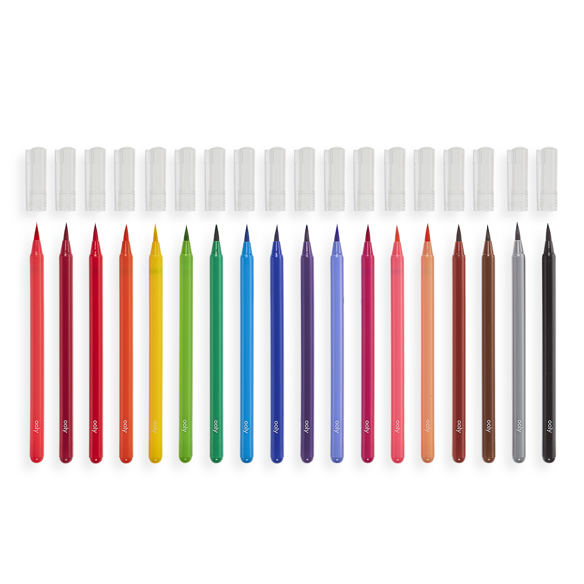 Chroma Blends Watercolor Brush Markers lined up in a row with caps off