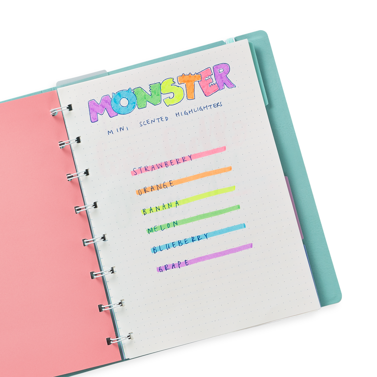 Open planner with Mini Monster Marker swatches inside