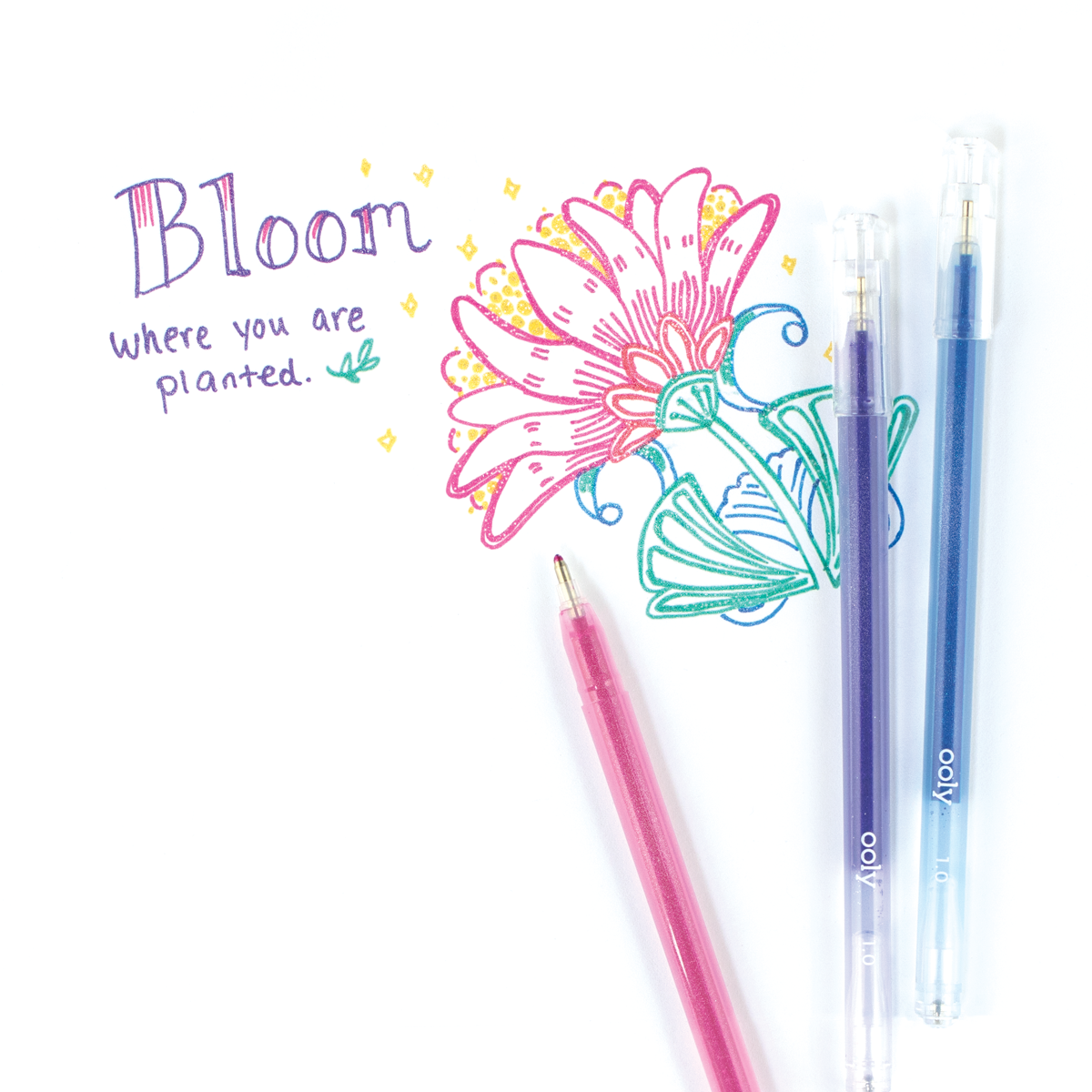 "Bloom"written with colored gel ink from Radiant Writers glitter gel pens