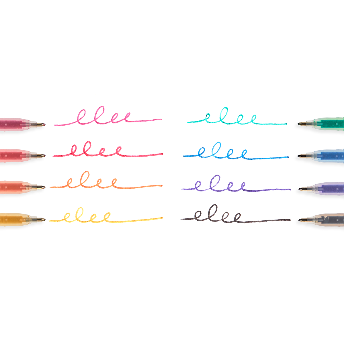 Radiant Writers Gel Pens lined up next to bright, glittery swatches