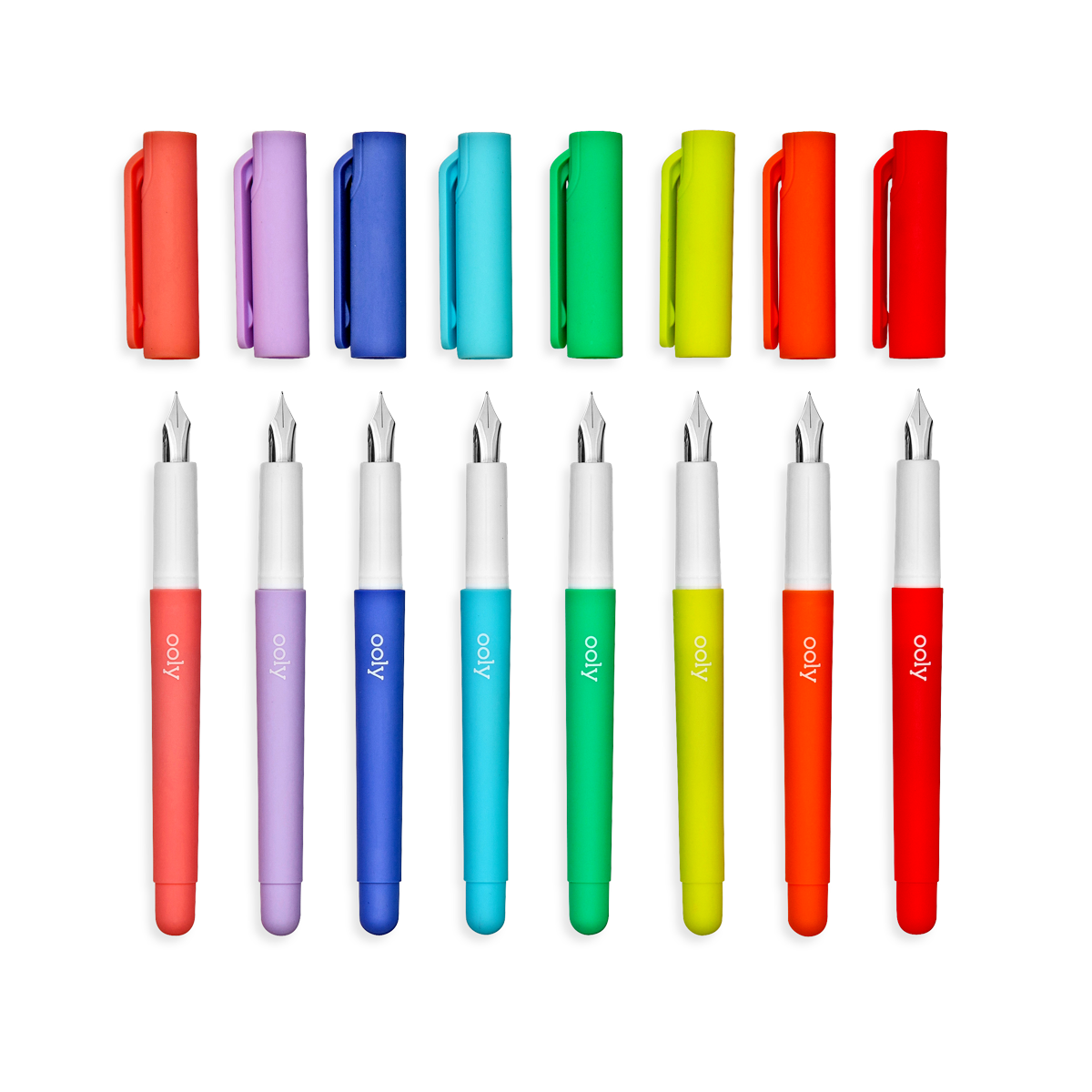 Color Write Fountain Pens set of 8 shown with their caps off to see the nibs