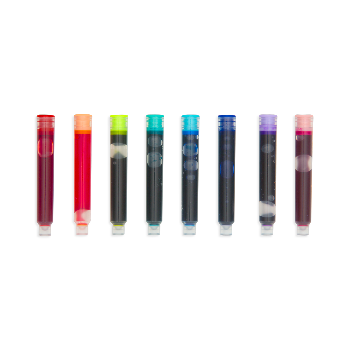 Color Write Set of 8 multi-color fountain pen ink cartridges fit all OOLY fountain pens out of package in a row