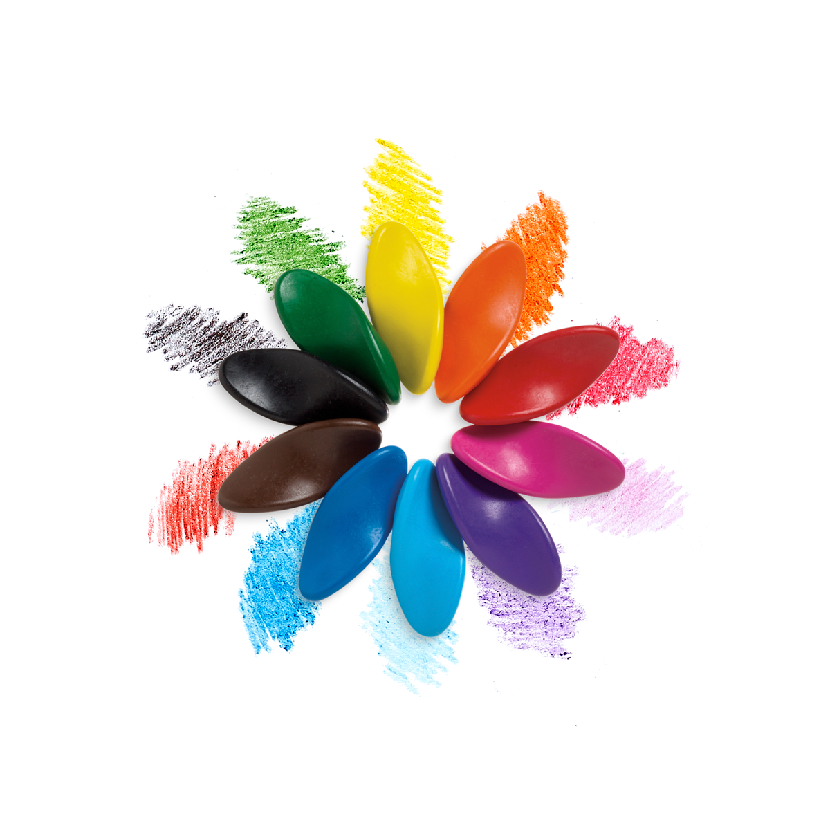 Left Right Crayons arranged in a flower formation next to color swatches