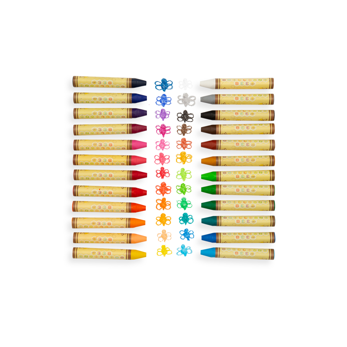 Brilliant Bee Crayons lined up with their color swatches