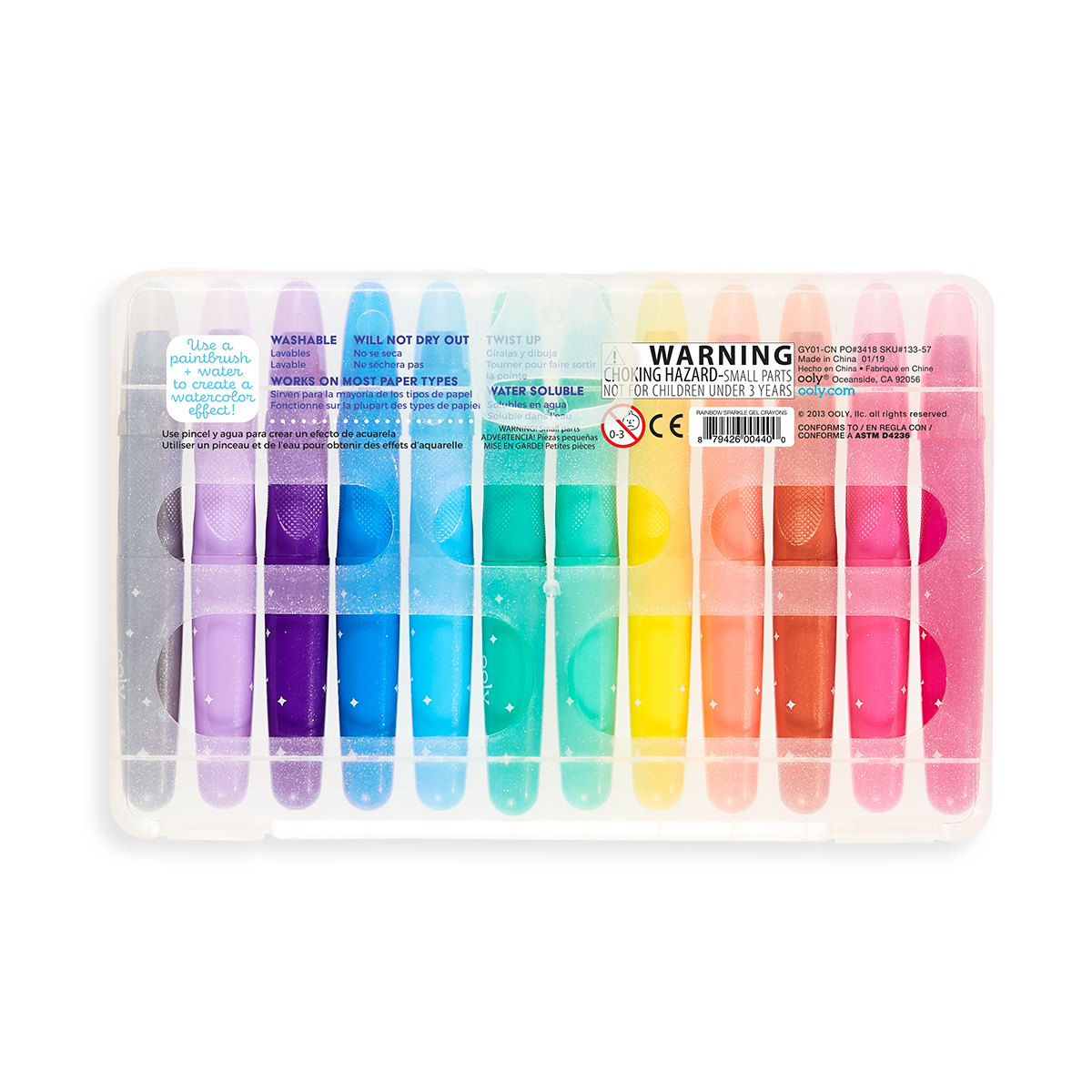 Back of the travel case packaging of the Rainbow Sparkle watercolor gel crayon set