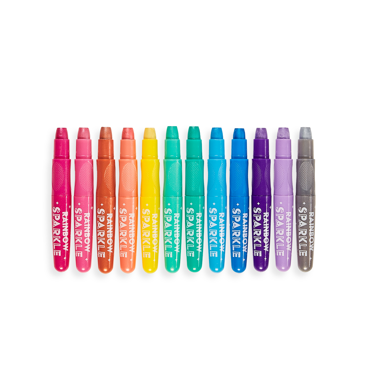 All 12 colors of the Rainbow Sparkle watercolor gel crayons in a row