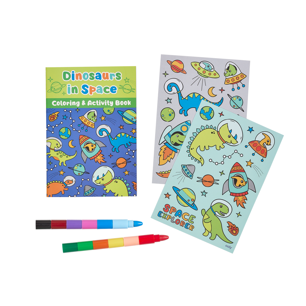 overview of OOLY Mini Traveler Coloring + Activity Kit - Dinosaurs in Space