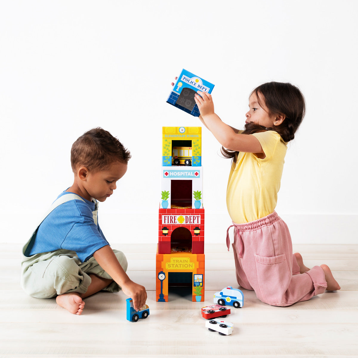 OOLy Stackables Nested Cardboard Toys and Cars Set - Busy City in use