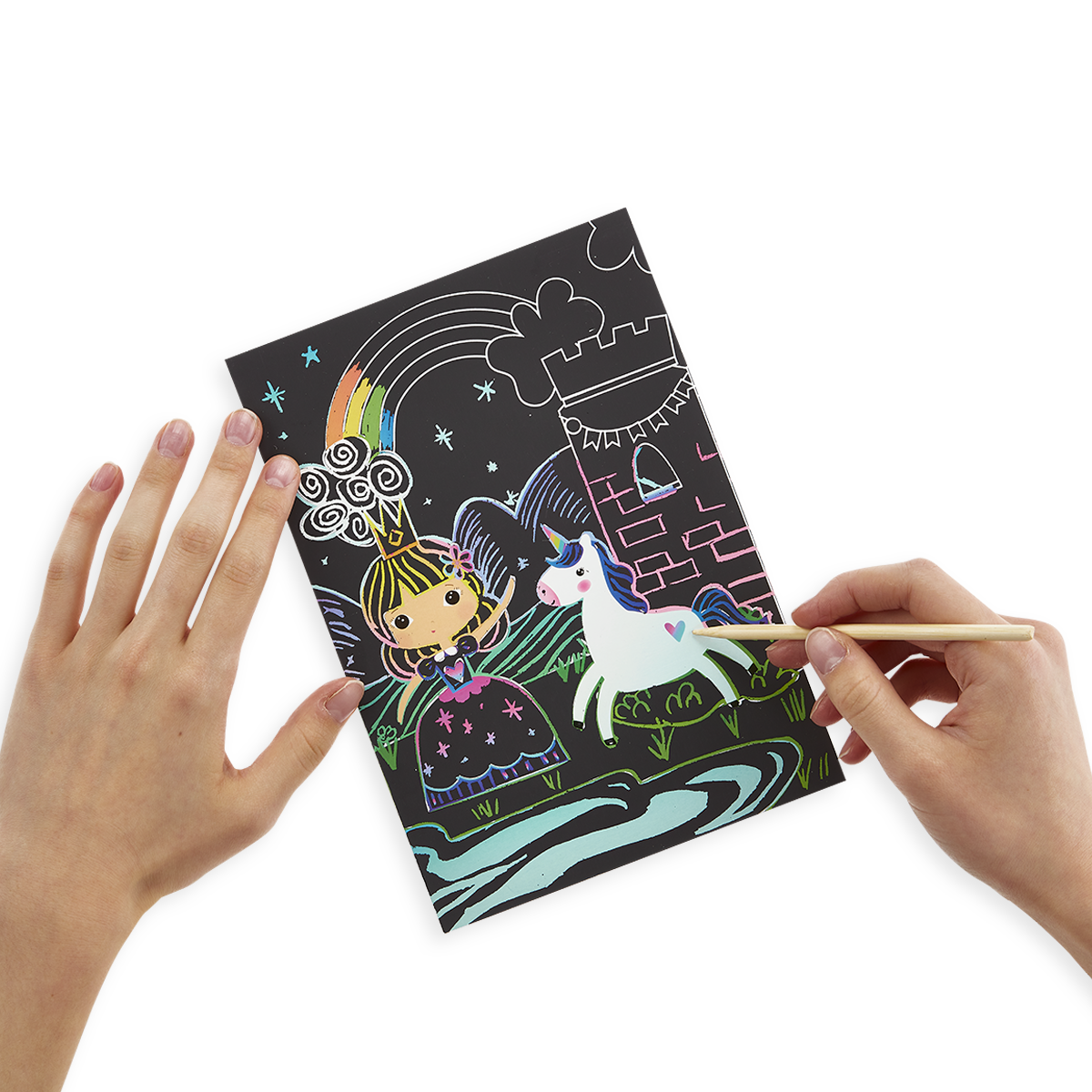 Girl using Princess Garden Scratch and Scribble scratch art kit
