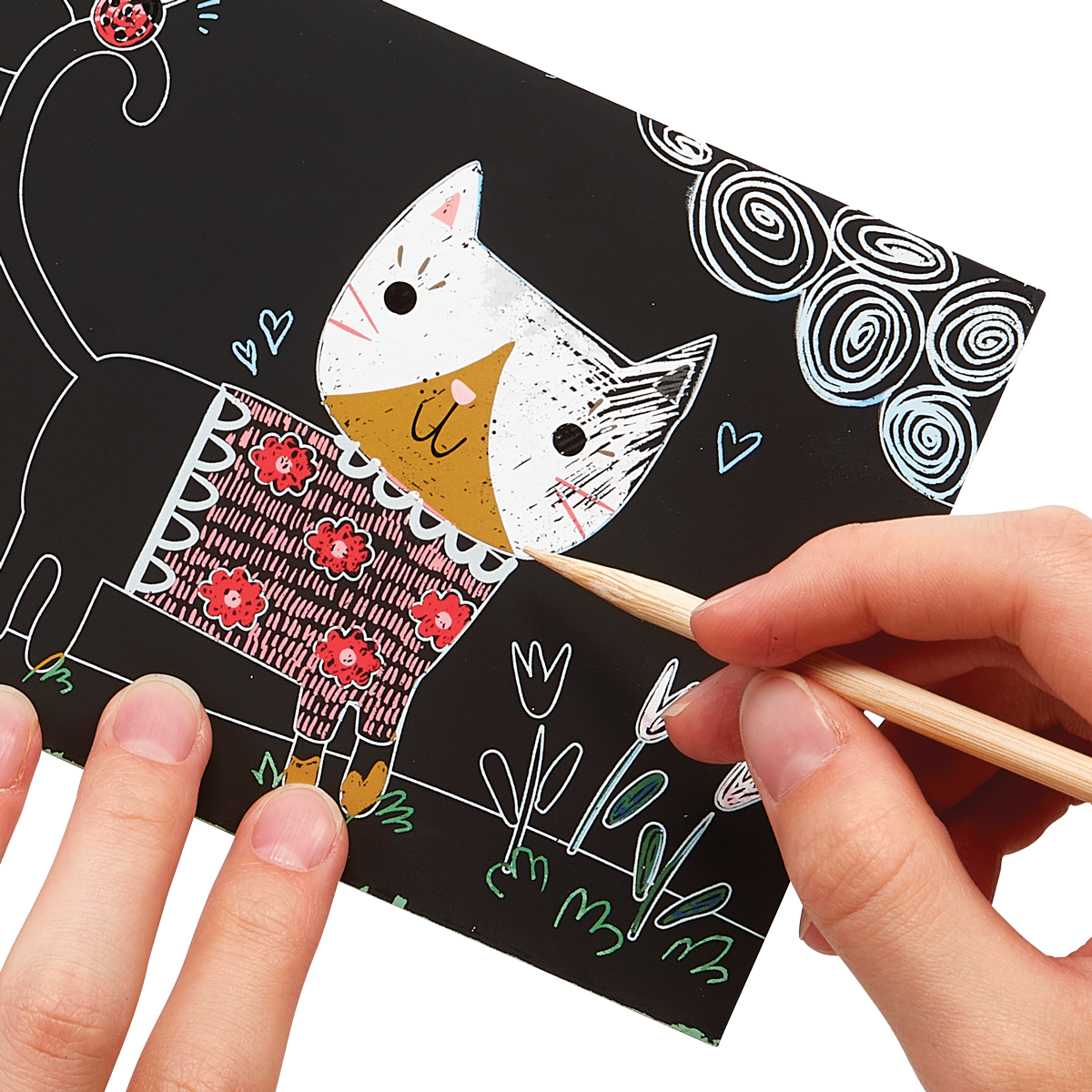 Hands scratching cat artwork of the OOLY Cutie Cats Scratch and Scribble Mini Scratch Art Kit