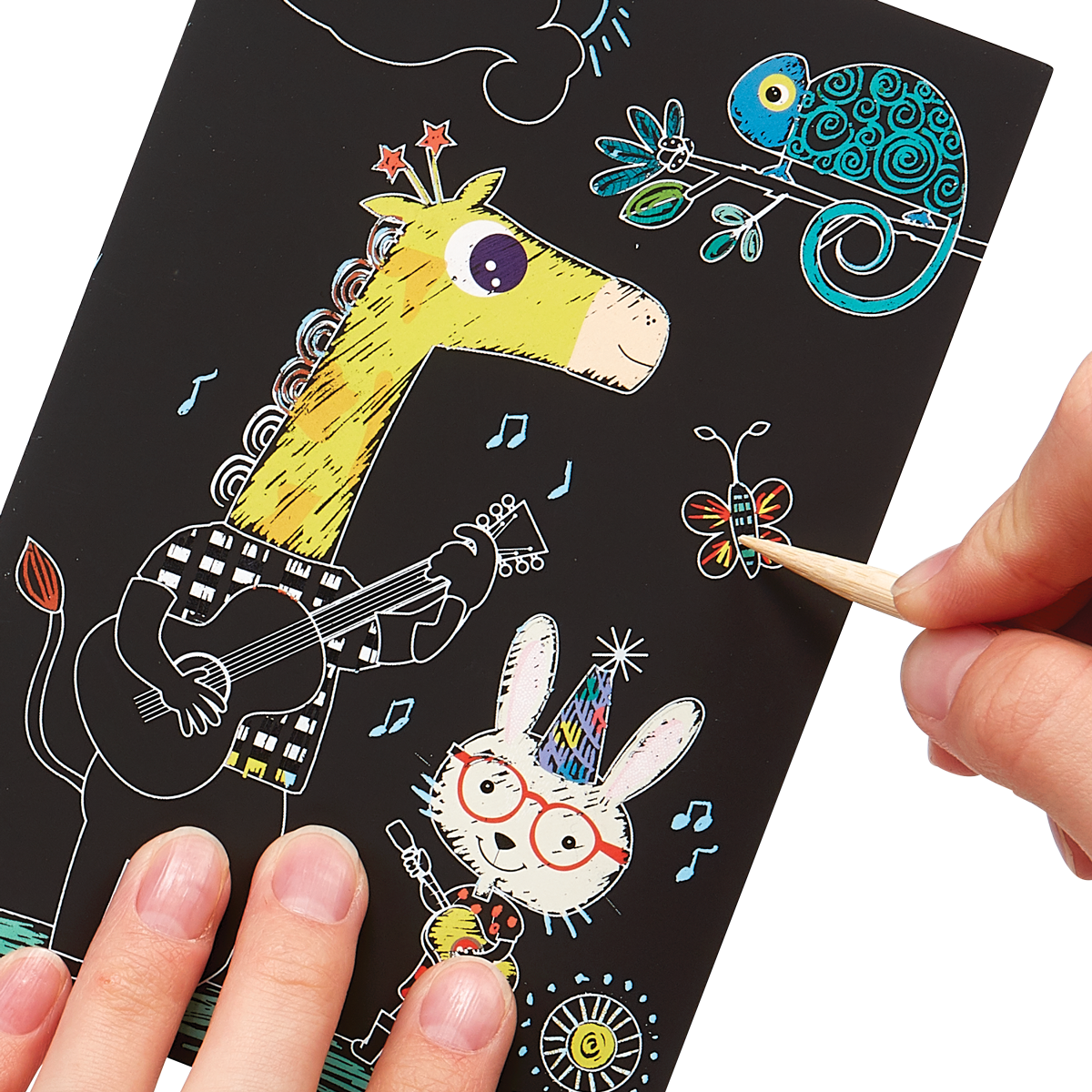 Display artwork of the Safari Party Scratch and Scribble Mini Scratch Art Kit