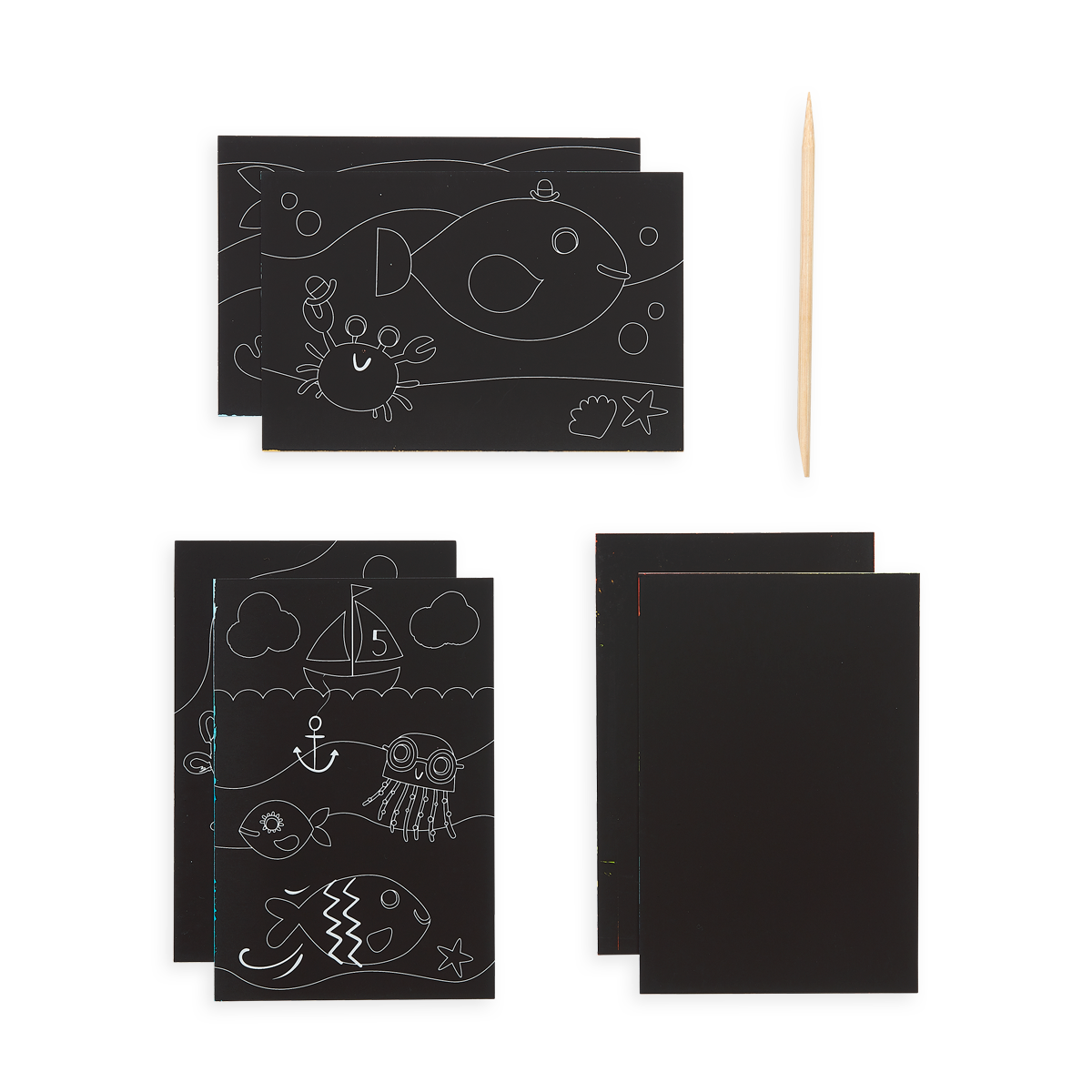 Supplies included in the Friendly Fish Scratch and Scribble Mini Scratch Art Kit includes 6 scratch sheets and a wooden stylus. 