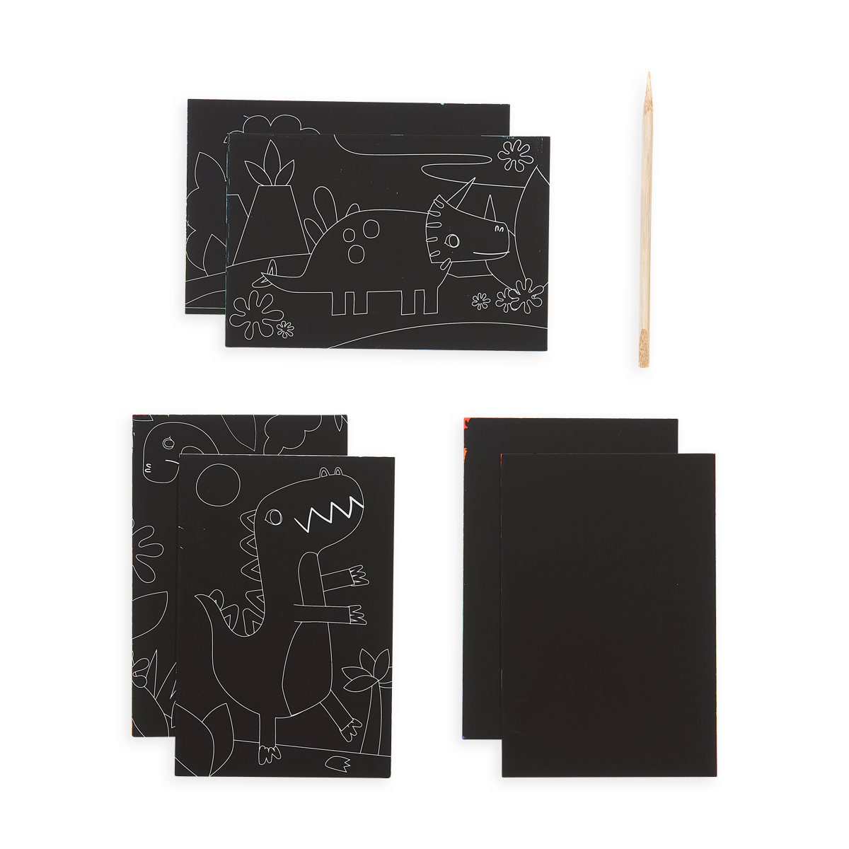 Image of the Dinosaur Days Scratch and Scribble Mini Scratch Art Kit contents which includes 6 sheets and one wooden stylus.  