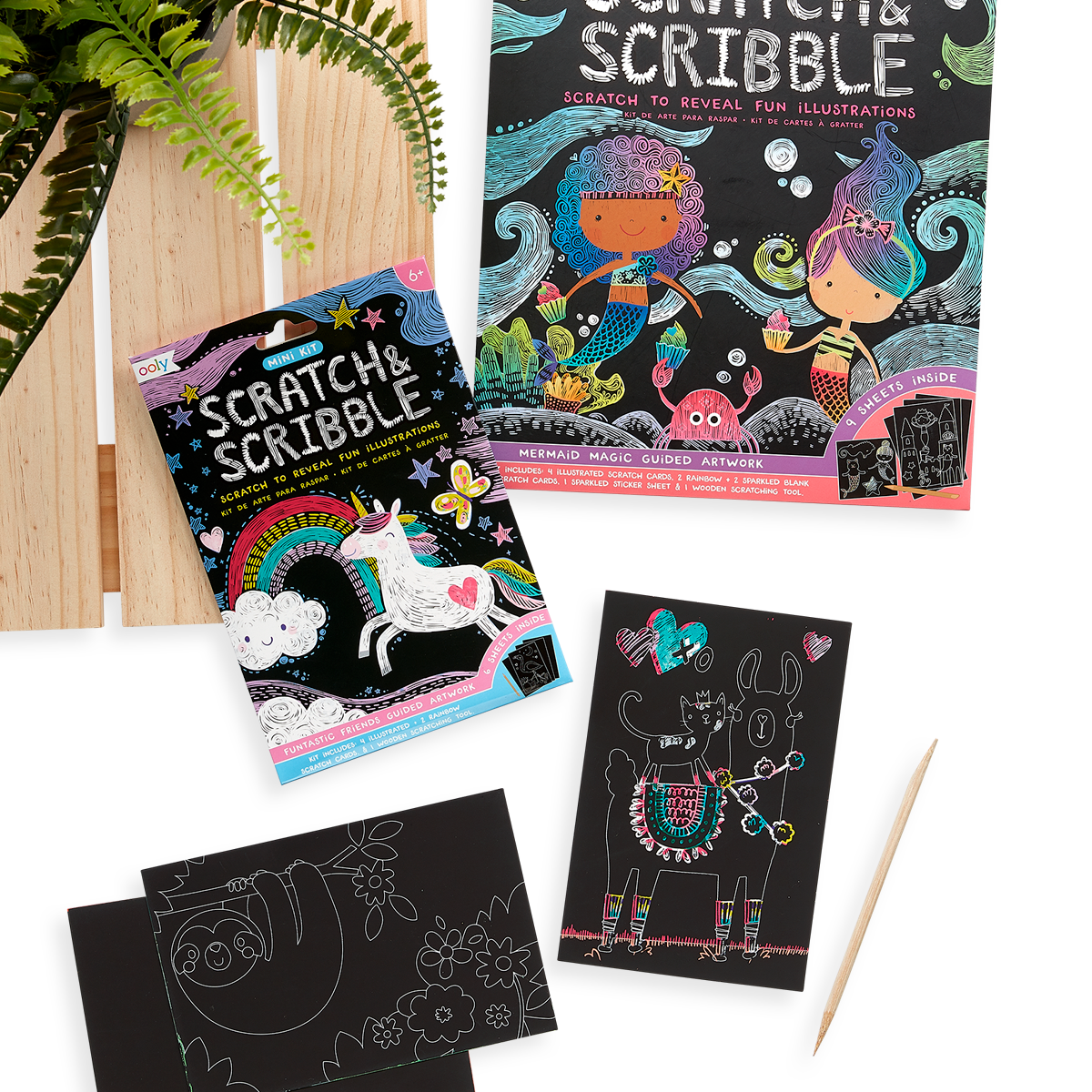 Display of Funtastic Friends Scratch and Scribble Mini Scratch Art Kit next to the Mermaid Magic Scratch and Scribble. 