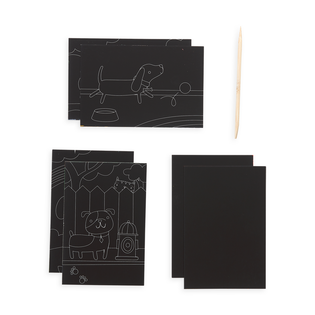 Playful Pups Scratch and Scribble Mini Scratch Art Kit content which includes 6 sheets and a wooden stylus.
